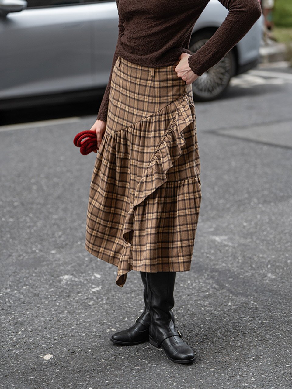 DA_Dyed plaid asymmetrical skirt_2color