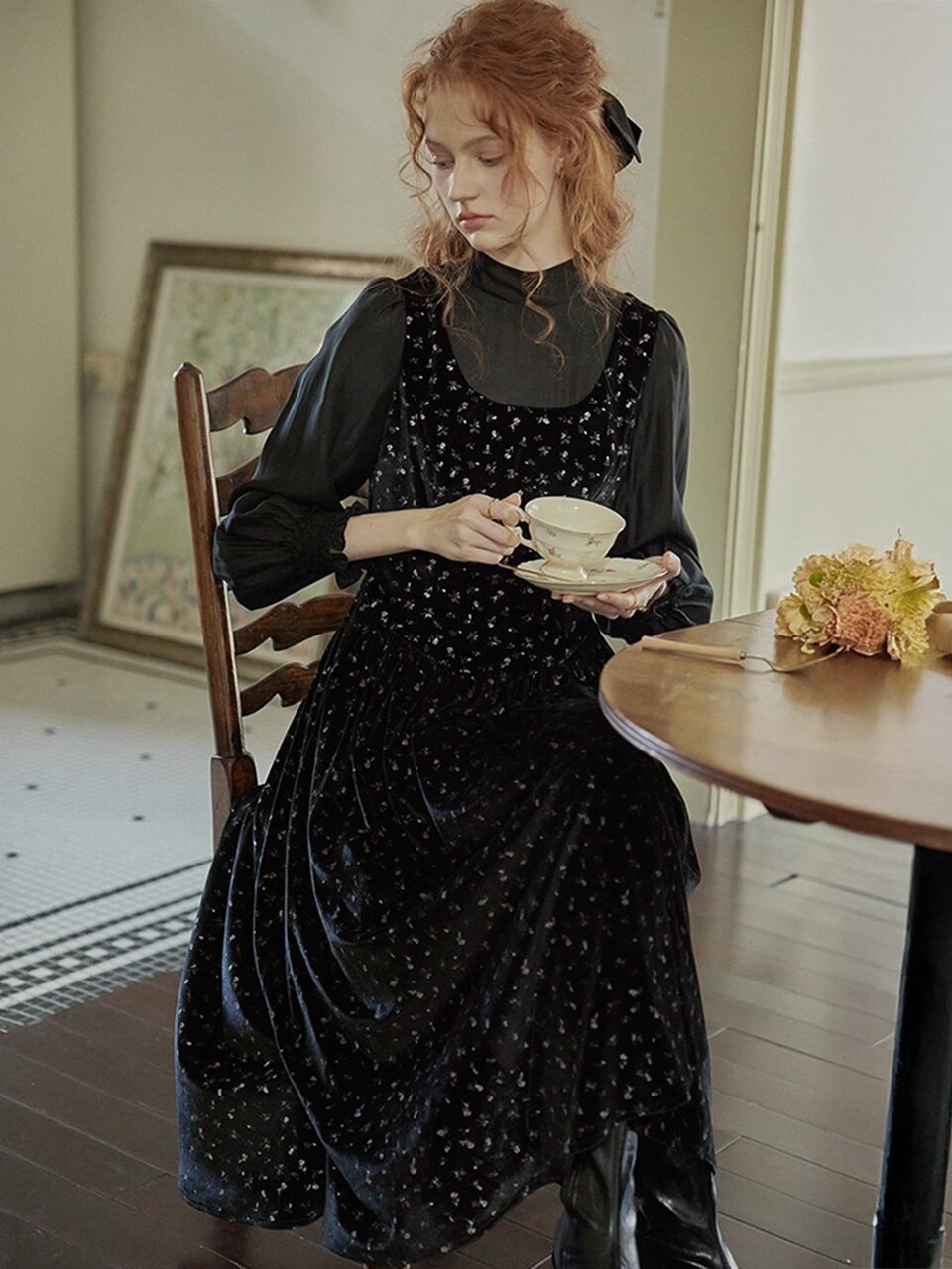 PM_Floral velvet fake two-piece dress