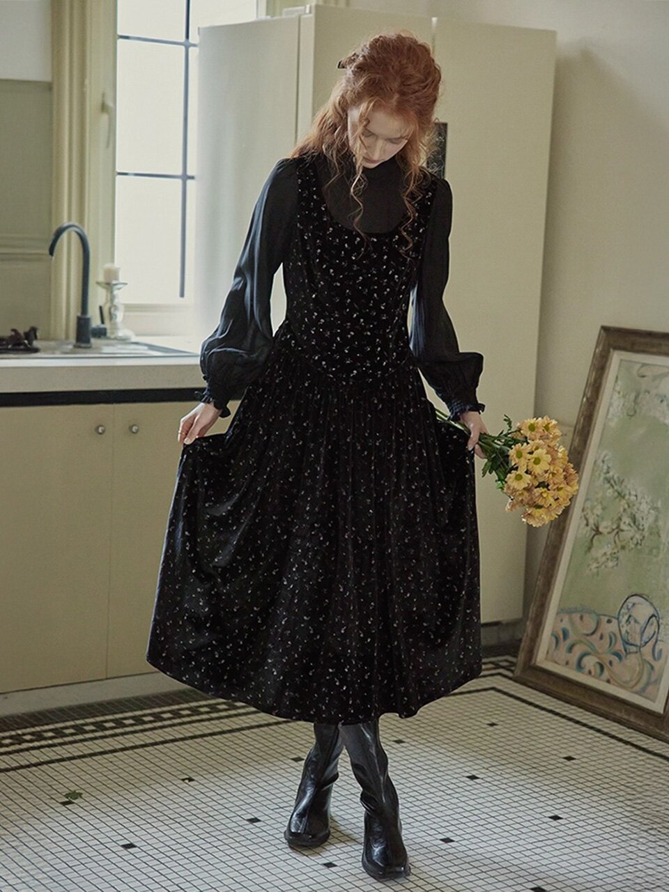 PM_Floral velvet fake two-piece dress