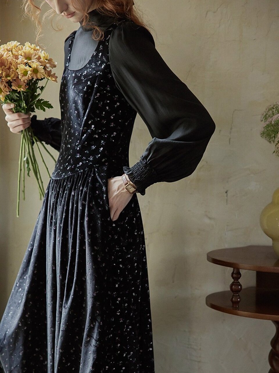 PM_Floral velvet fake two-piece dress