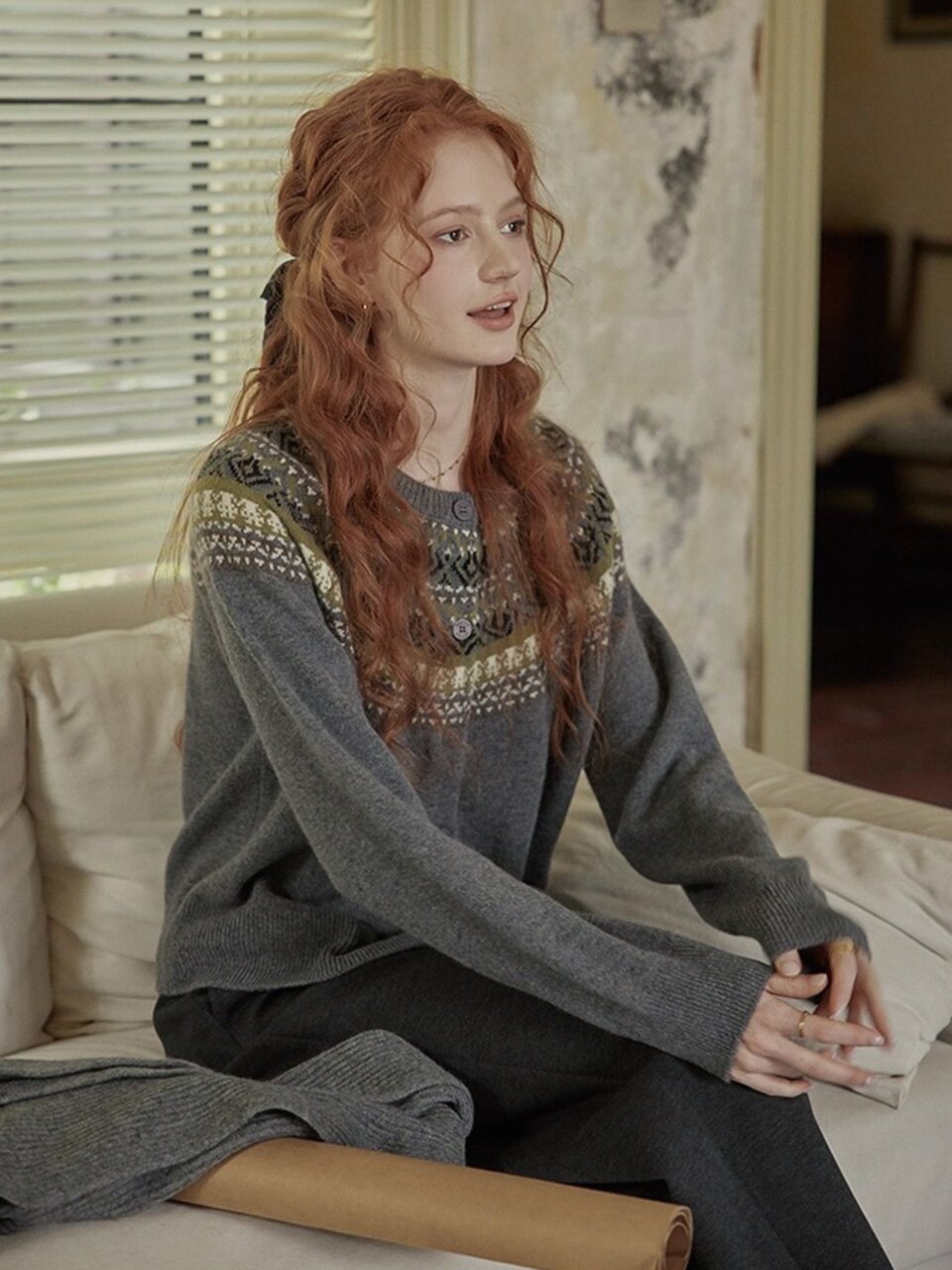 PM_Fair isle round neck cardigan_2color