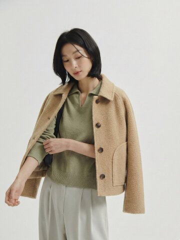 울 블렌드 부클레 래글런 숏 코트 