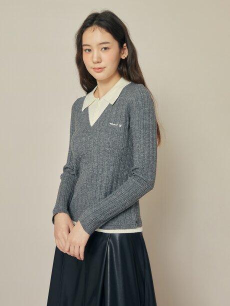 울 블렌드 케이블 칼라 레이어드 니트 
