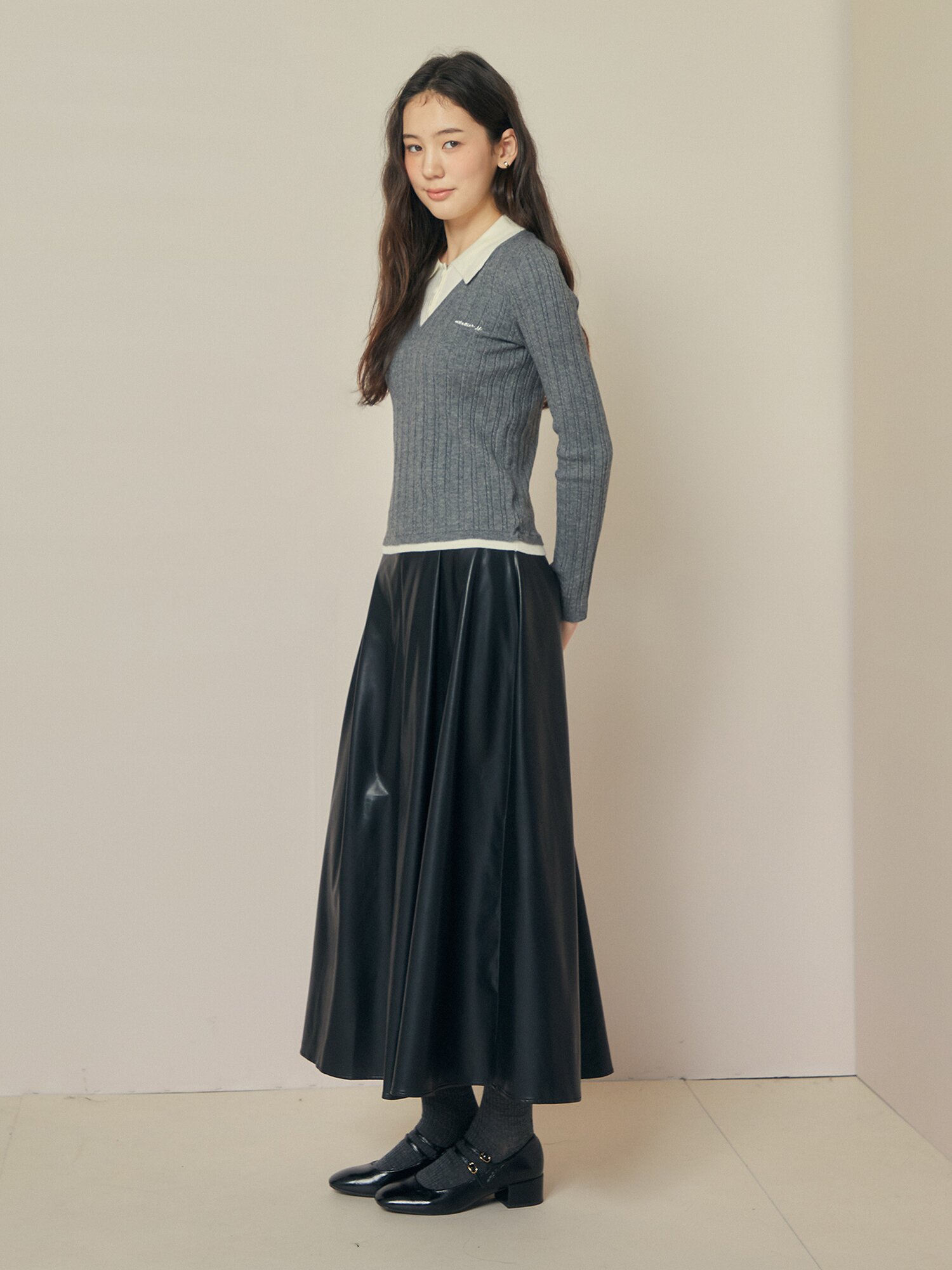 울 블렌드 케이블 칼라 레이어드 니트 (GREY)