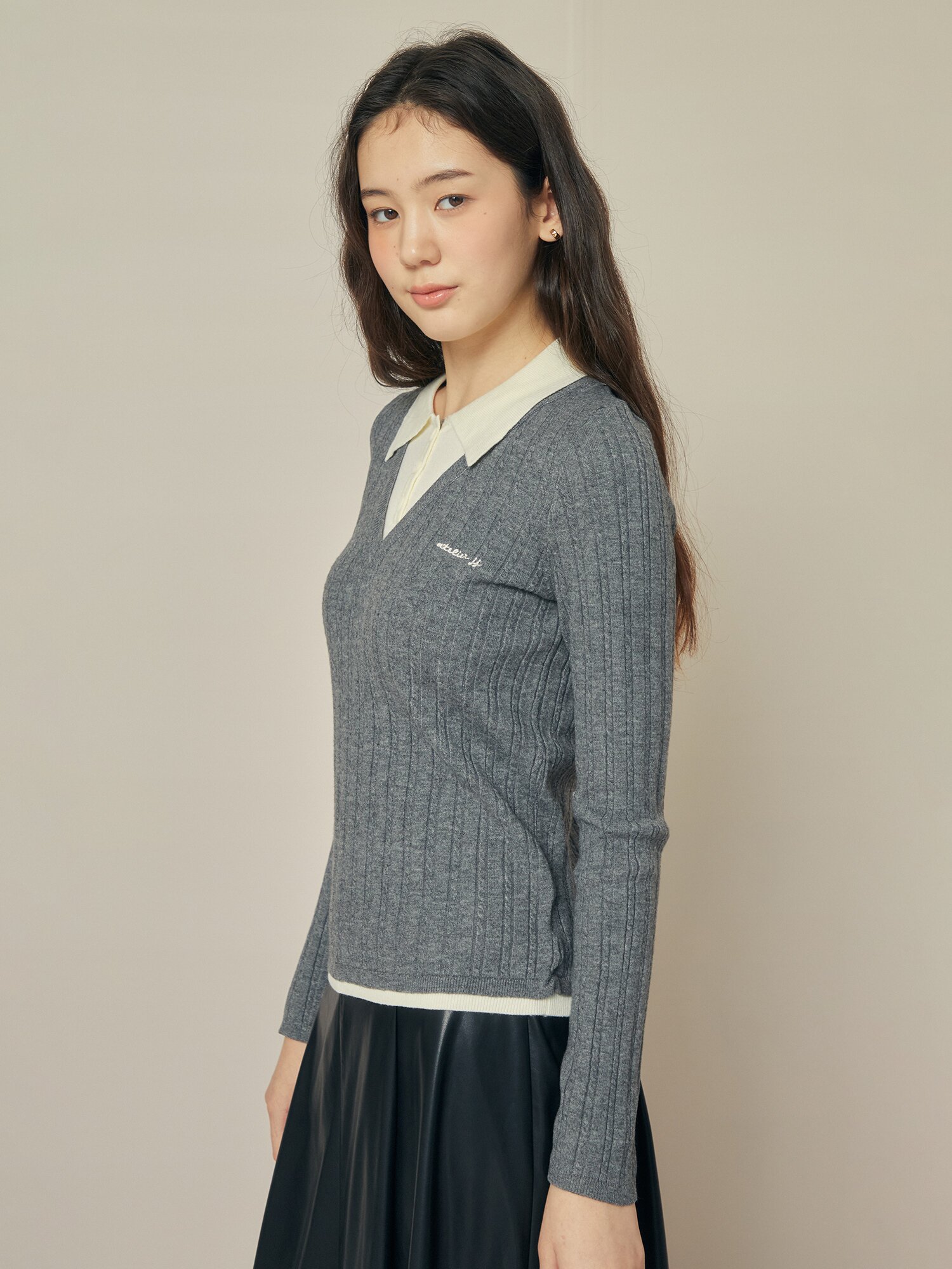 울 블렌드 케이블 칼라 레이어드 니트 (GREY)