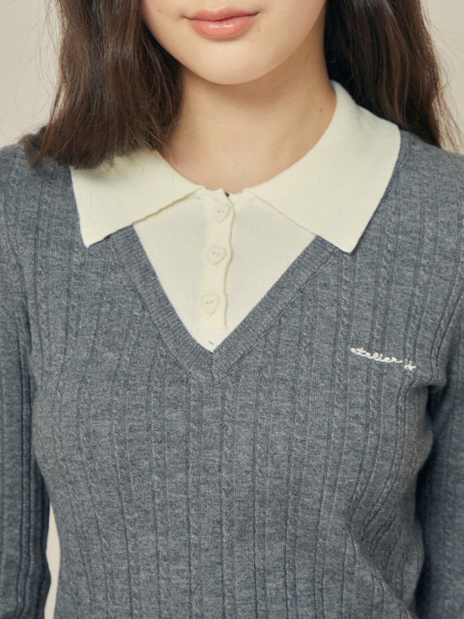 울 블렌드 케이블 칼라 레이어드 니트 (GREY)