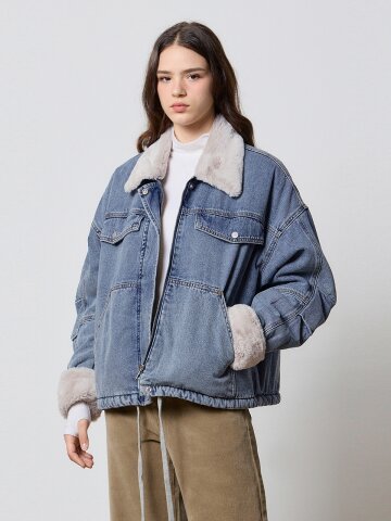 DENIM TUCK SLEEVE FAKE FUR JACKET INDIGO W5