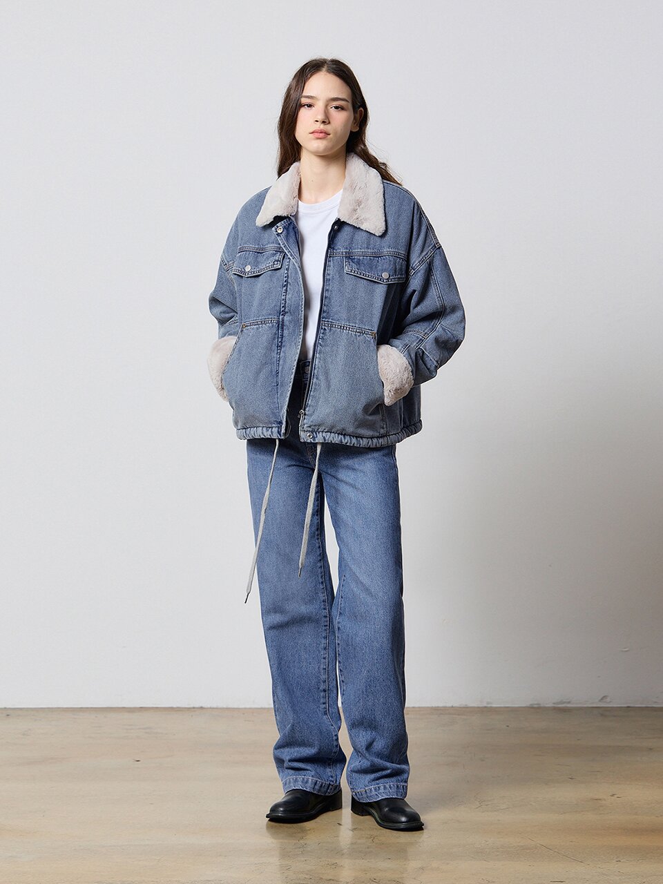 DENIM TUCK SLEEVE FAKE FUR JACKET INDIGO W5