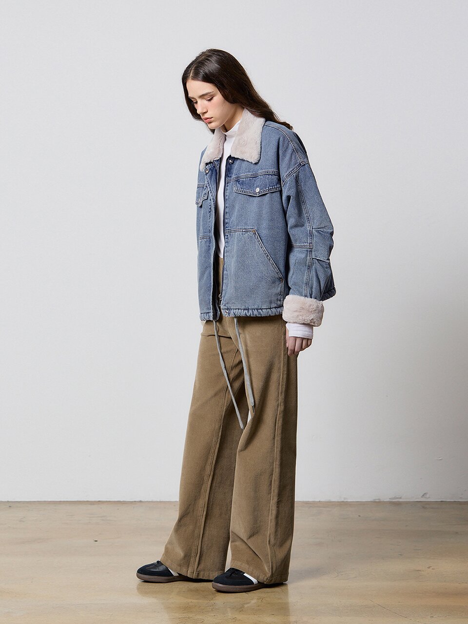 DENIM TUCK SLEEVE FAKE FUR JACKET INDIGO W5
