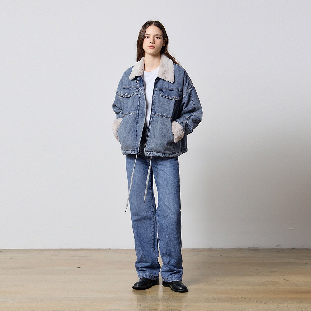 DENIM TUCK SLEEVE FAKE FUR JACKET INDIGO W5