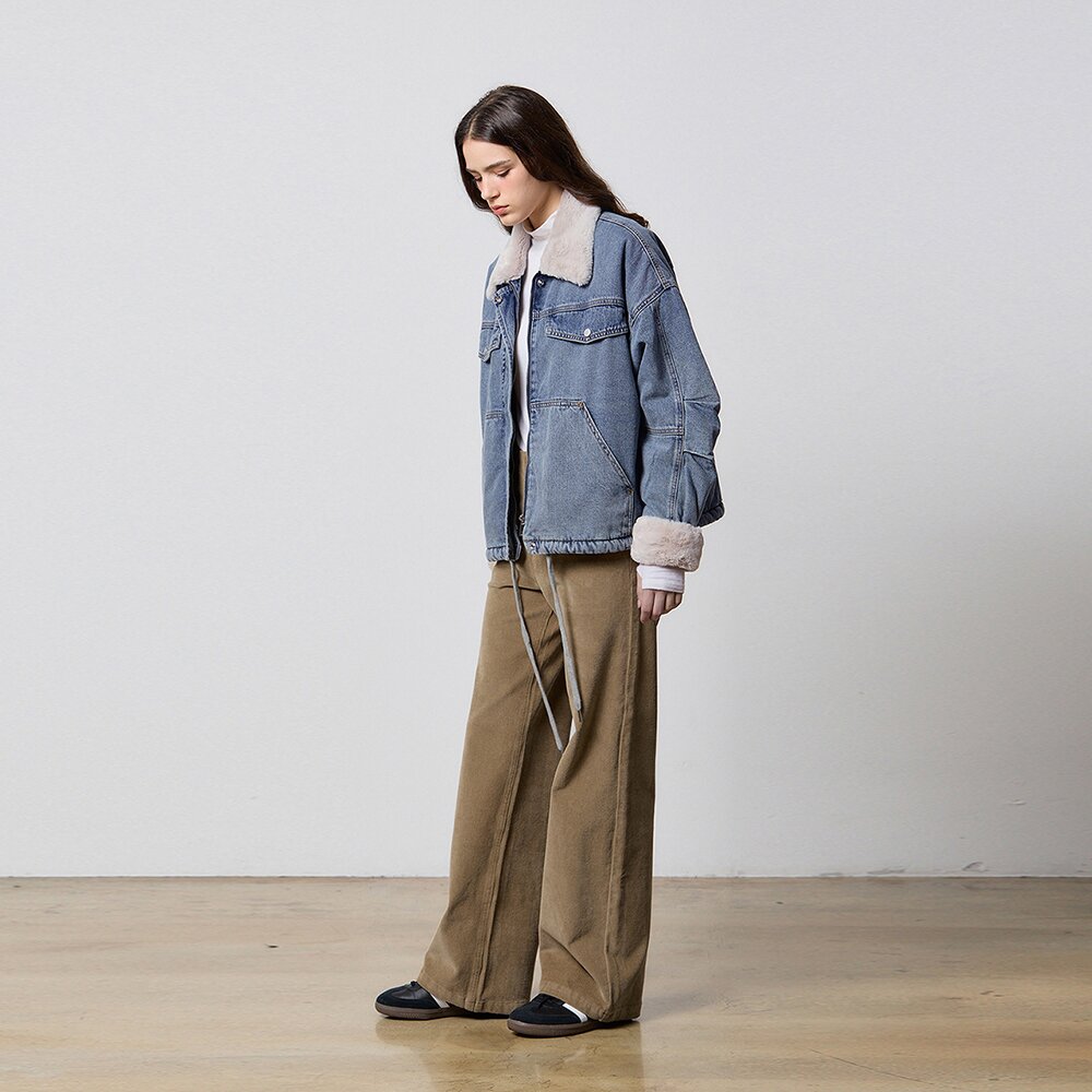 DENIM TUCK SLEEVE FAKE FUR JACKET INDIGO W5