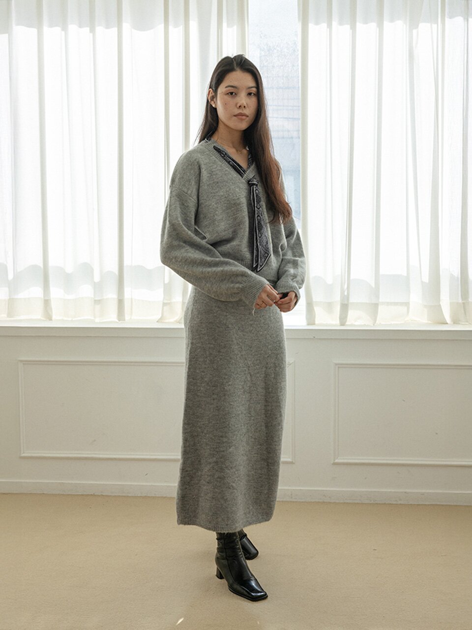LS_Silk scarf knit two-piece set_2color