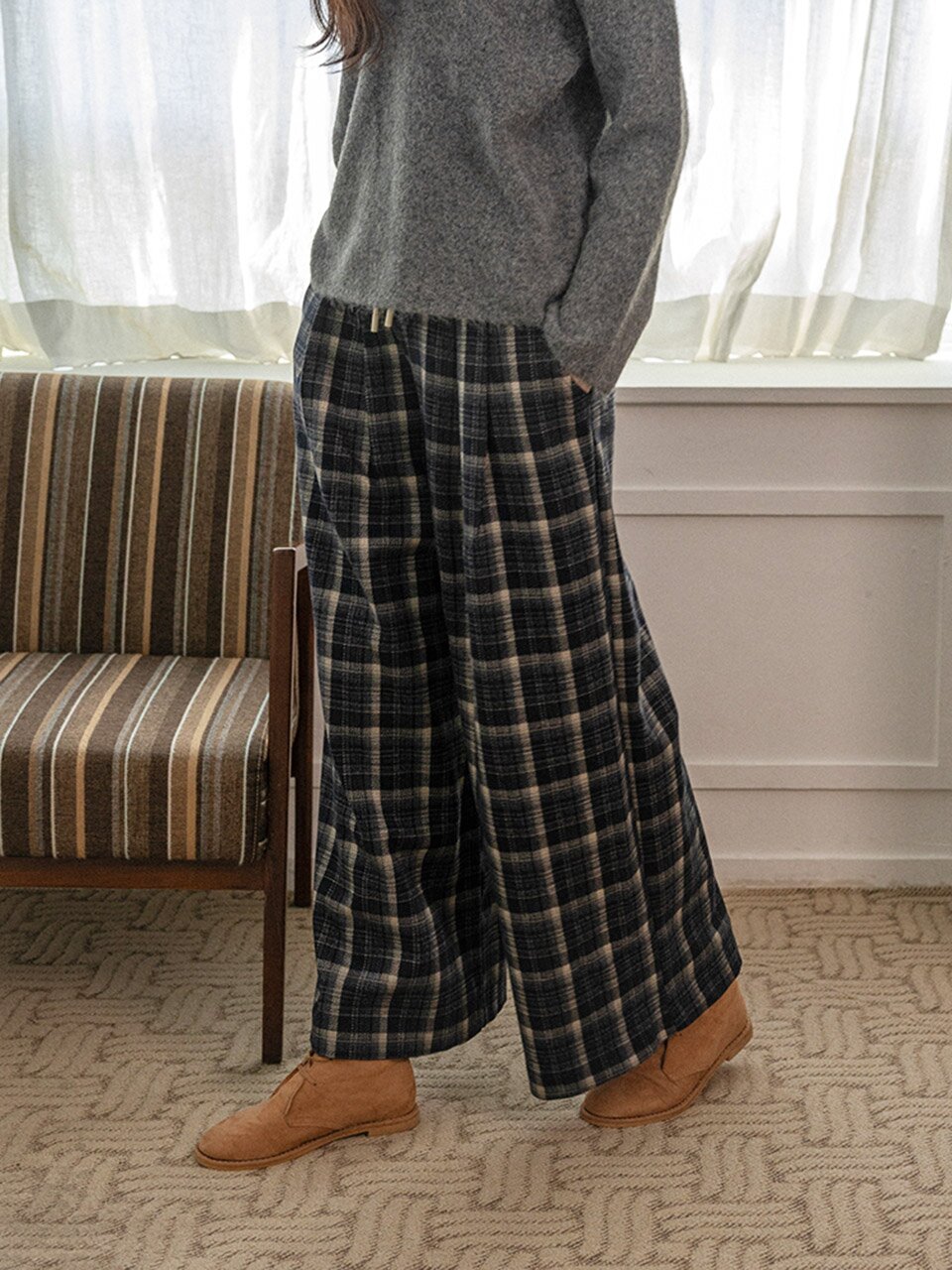 LS_Plaid straight-leg drawstring pants_2color