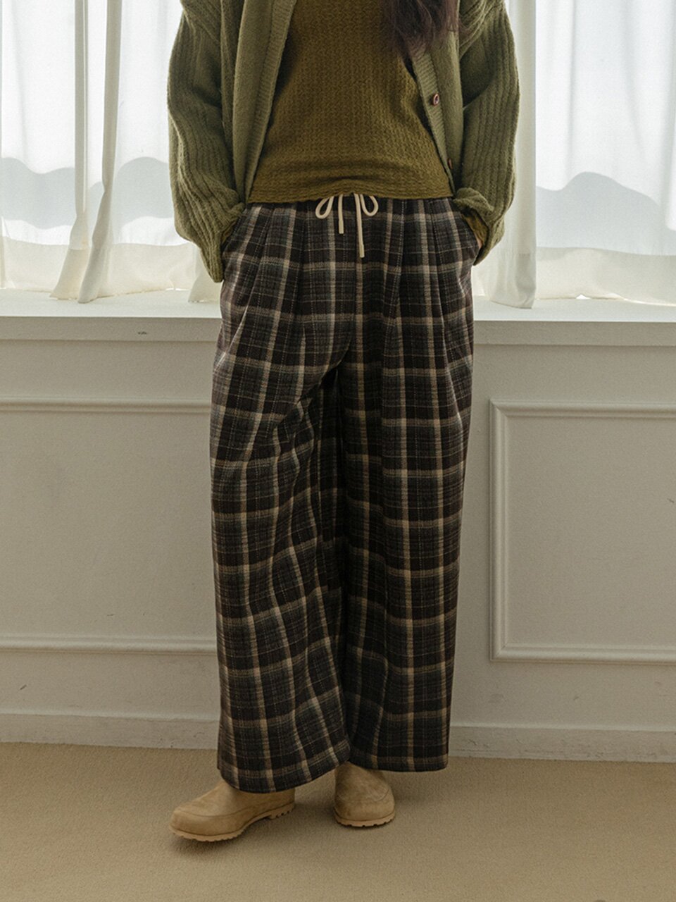 LS_Plaid straight-leg drawstring pants_2color