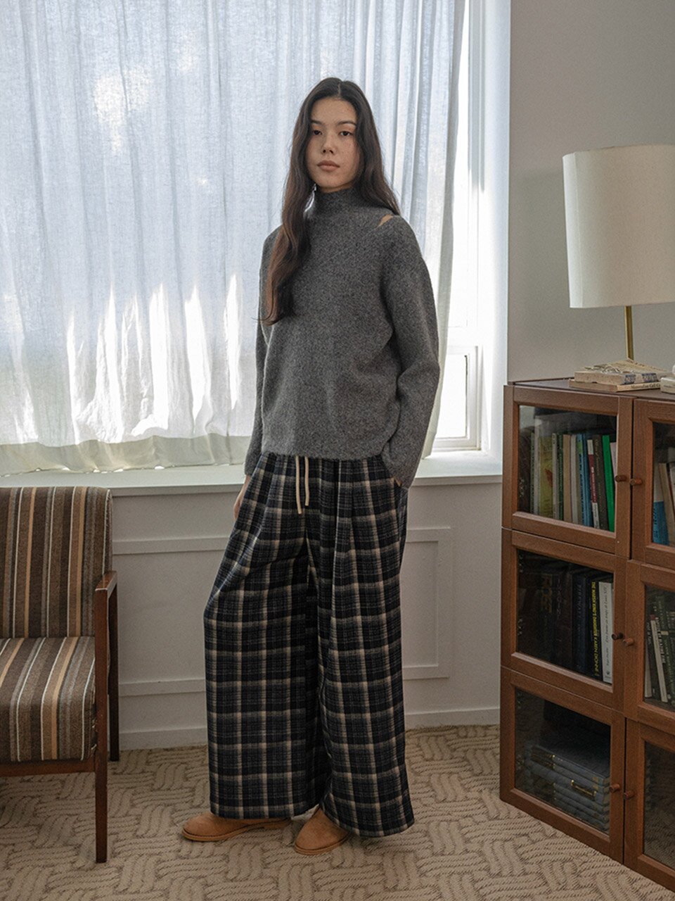 LS_Plaid straight-leg drawstring pants_2color
