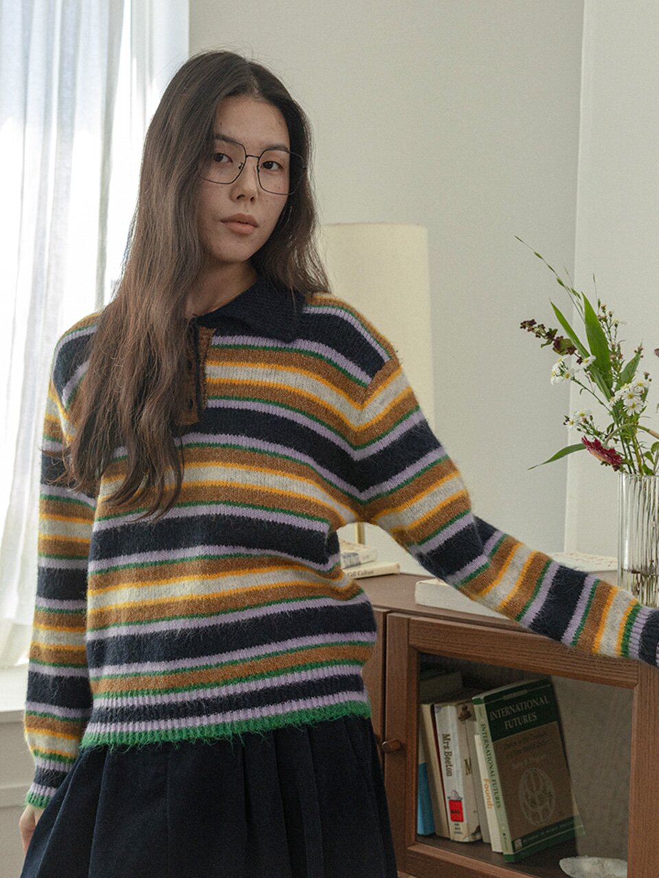 LS_Lapel color-block striped knit top_BROWN