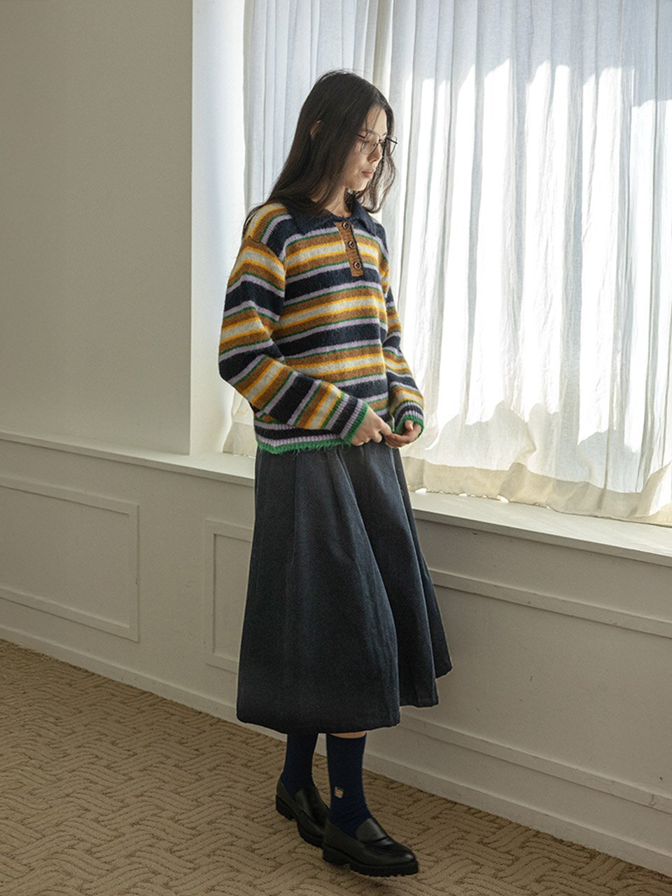 LS_Lapel color-block striped knit top_BROWN