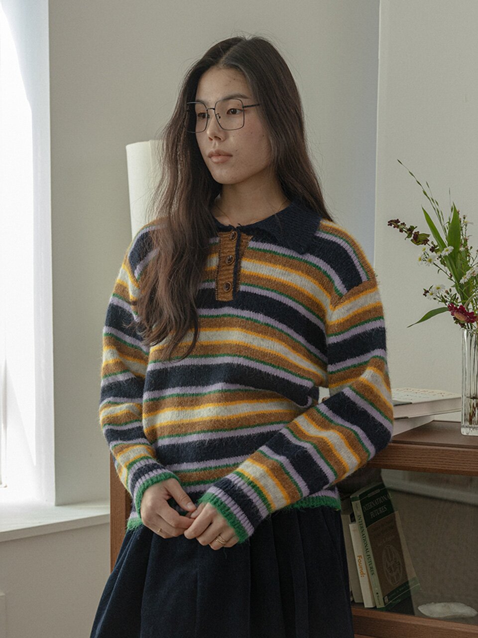 LS_Lapel color-block striped knit top_BROWN