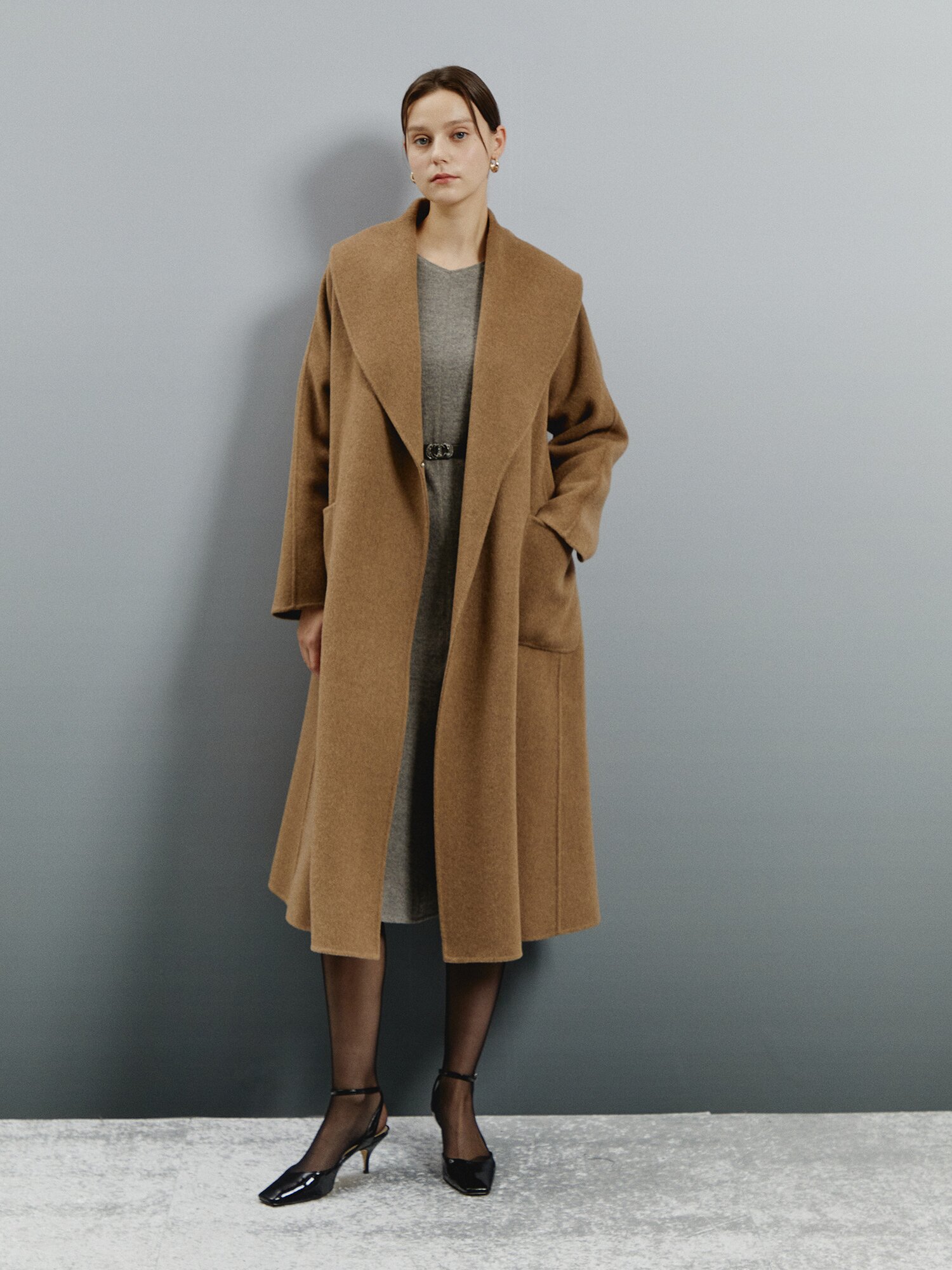 터치 루즈핏 플로우 롱코트 (MELANGE BROWN)