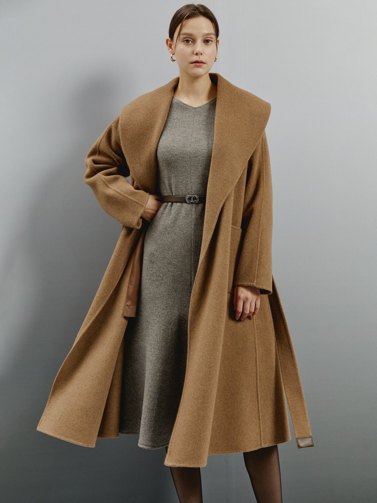 터치 루즈핏 플로우 롱코트 (MELANGE BROWN)