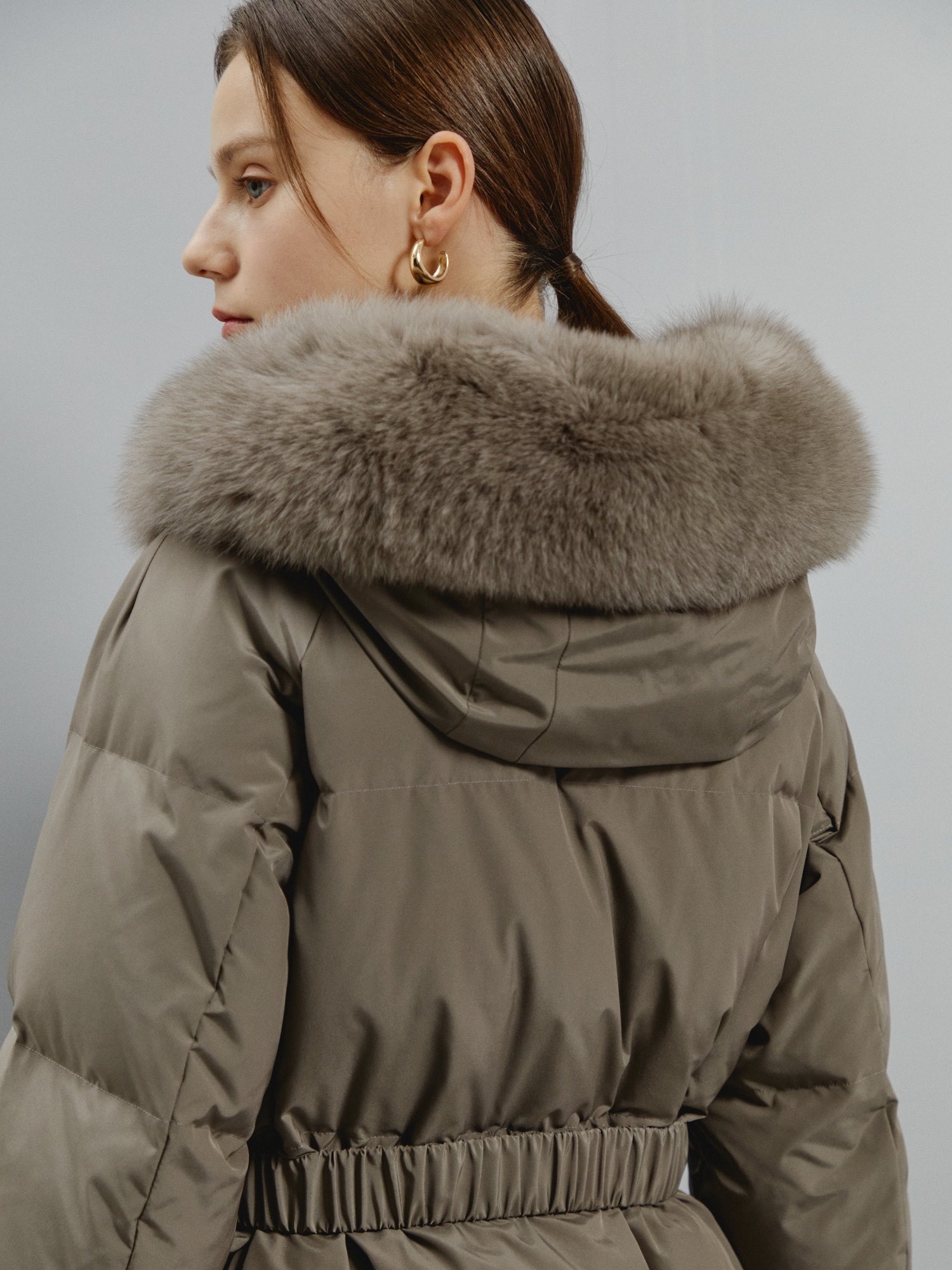 벨티드 퍼 다운 코트 (GREIGE)