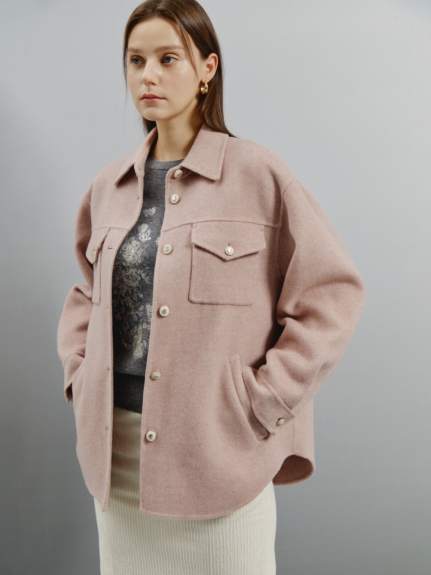 캐시미어 블렌드 메탈 하프 코트 (MELANGE PINK)
