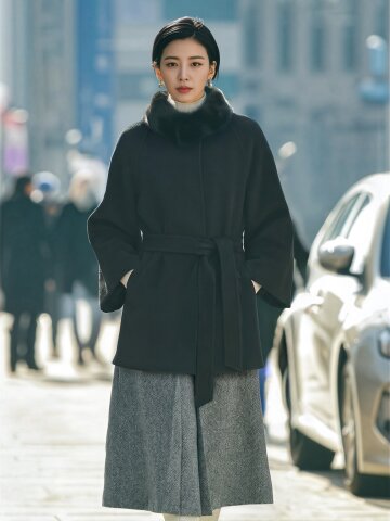 밍크 칼라 벨티드 케이프 코트 