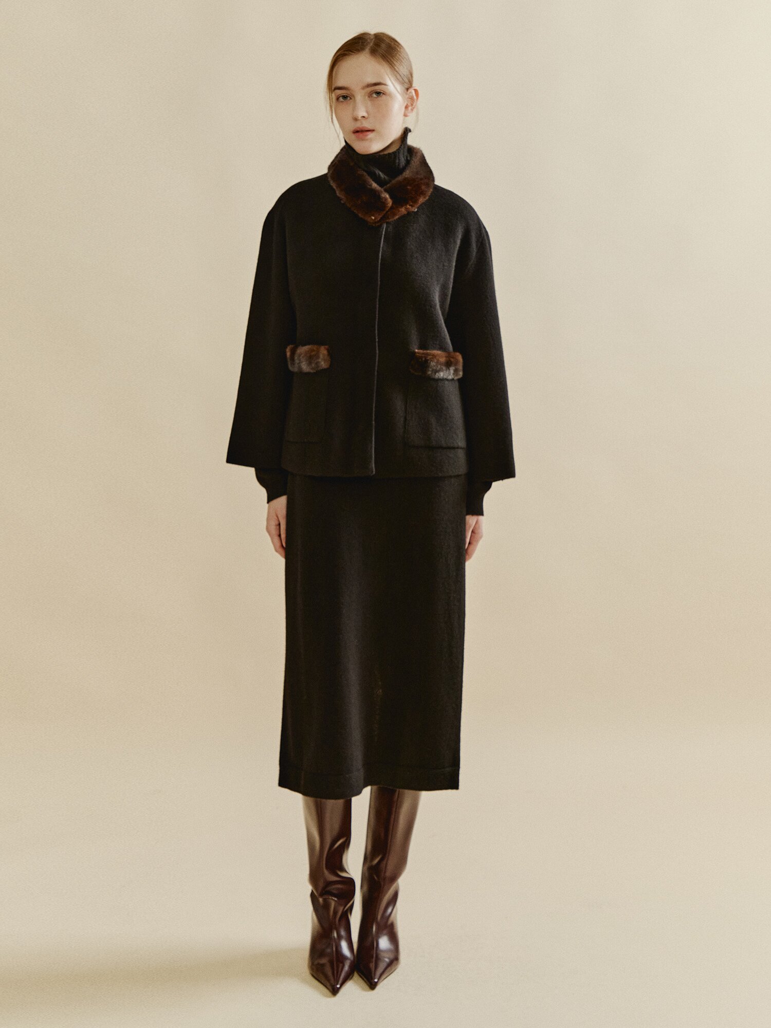 프레스티지 미니멀 퍼 가디건 (BLACK)