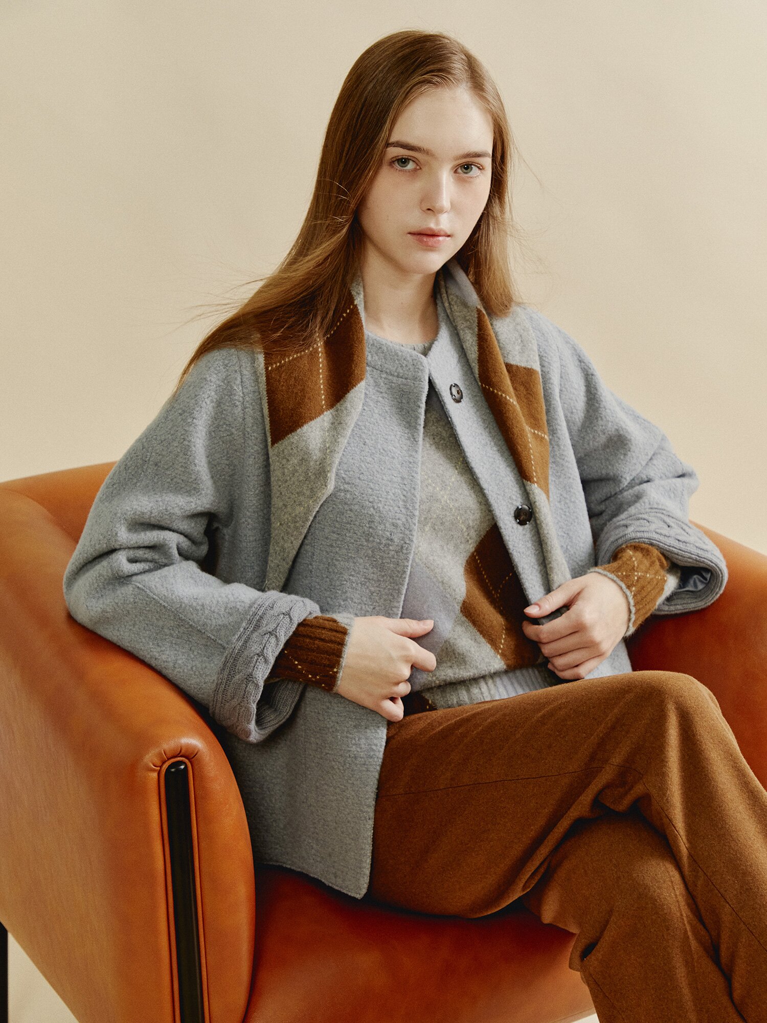 케이블 커프 울 블렌드 재킷 (MELANGE BLUE)