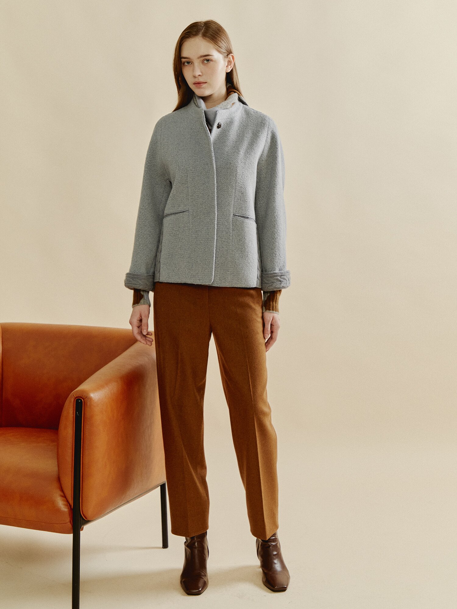 케이블 커프 울 블렌드 재킷 (MELANGE BLUE)