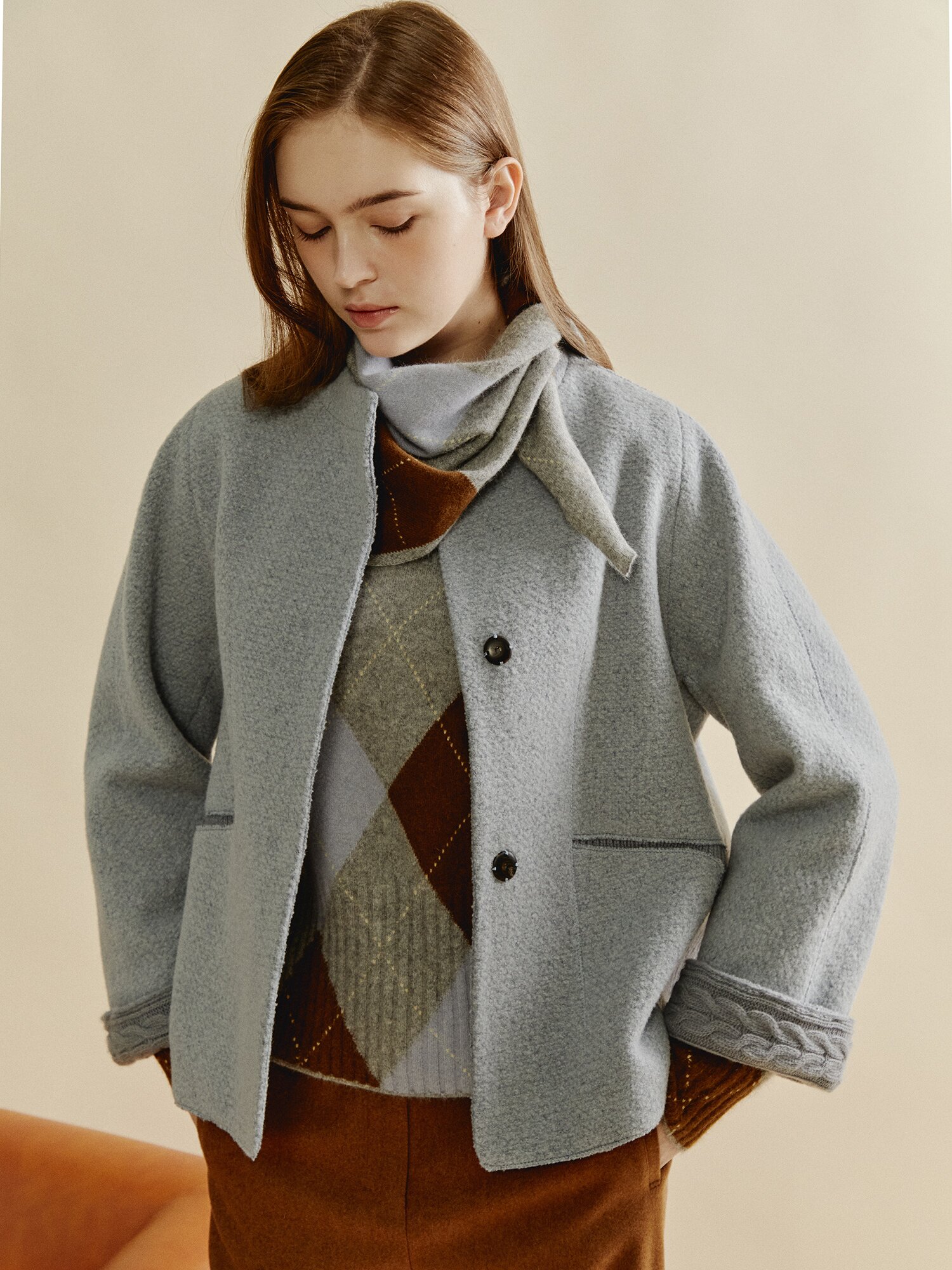 케이블 커프 울 블렌드 재킷 (MELANGE BLUE)