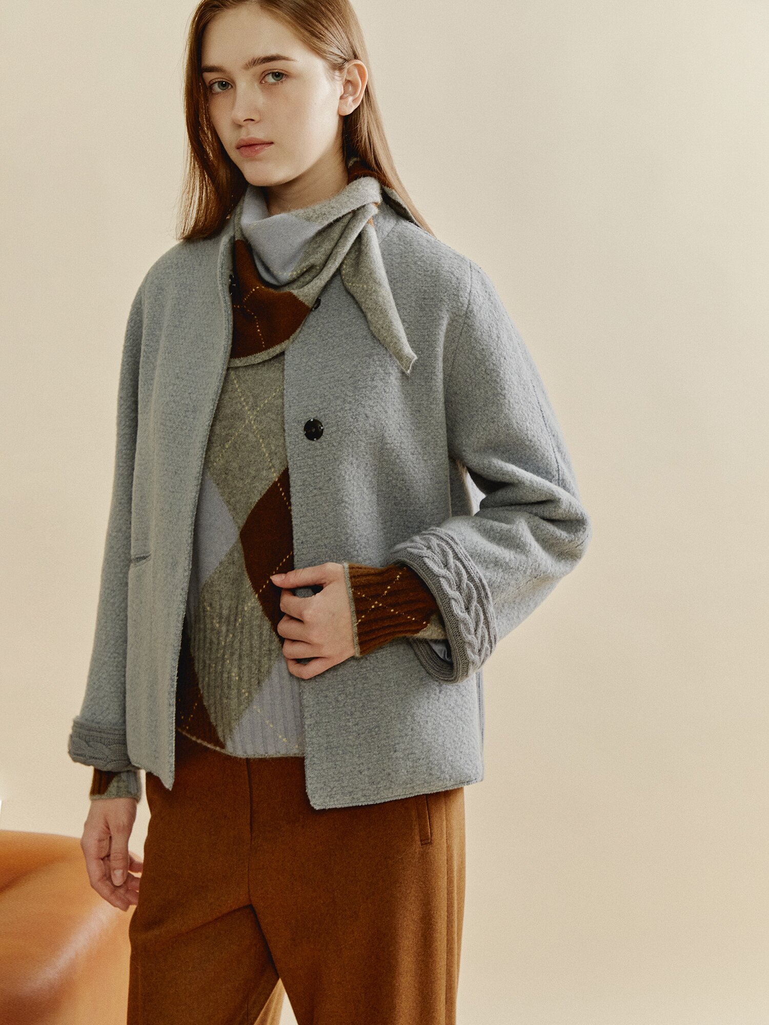 케이블 커프 울 블렌드 재킷 (MELANGE BLUE)