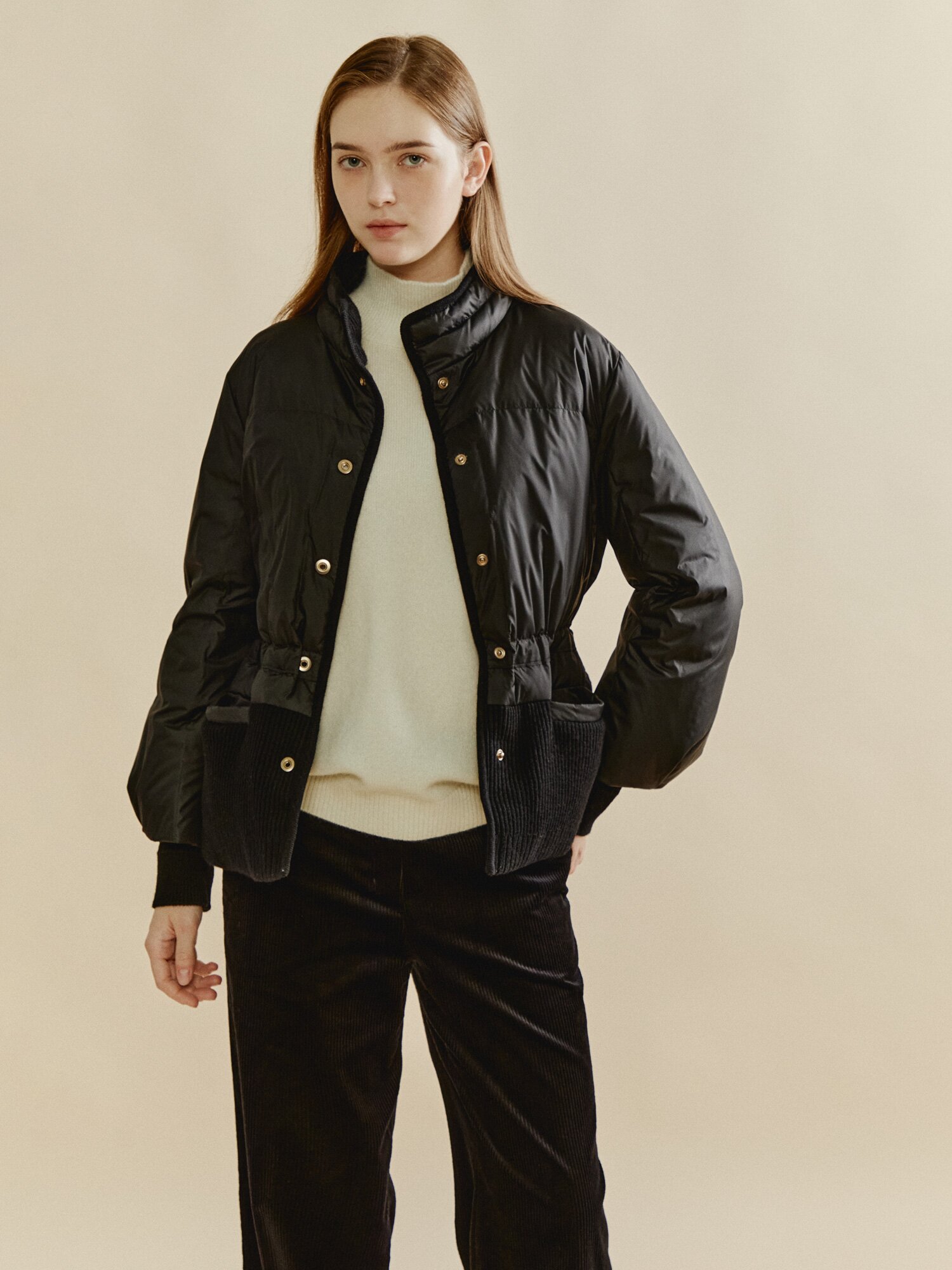 밴드넥 니트패치 구스 다운 패딩 (BLACK)