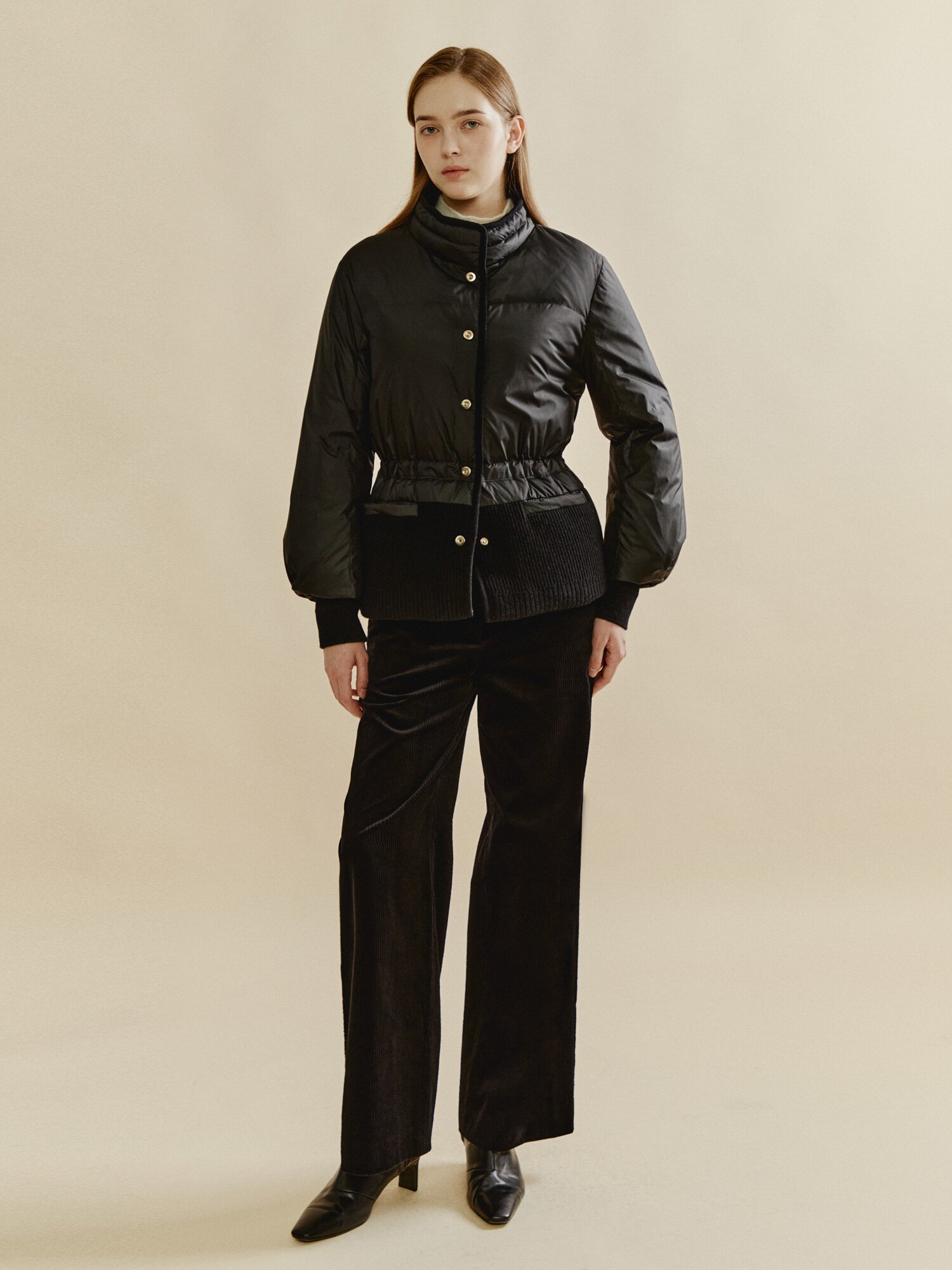 밴드넥 니트패치 구스 다운 패딩 (BLACK)