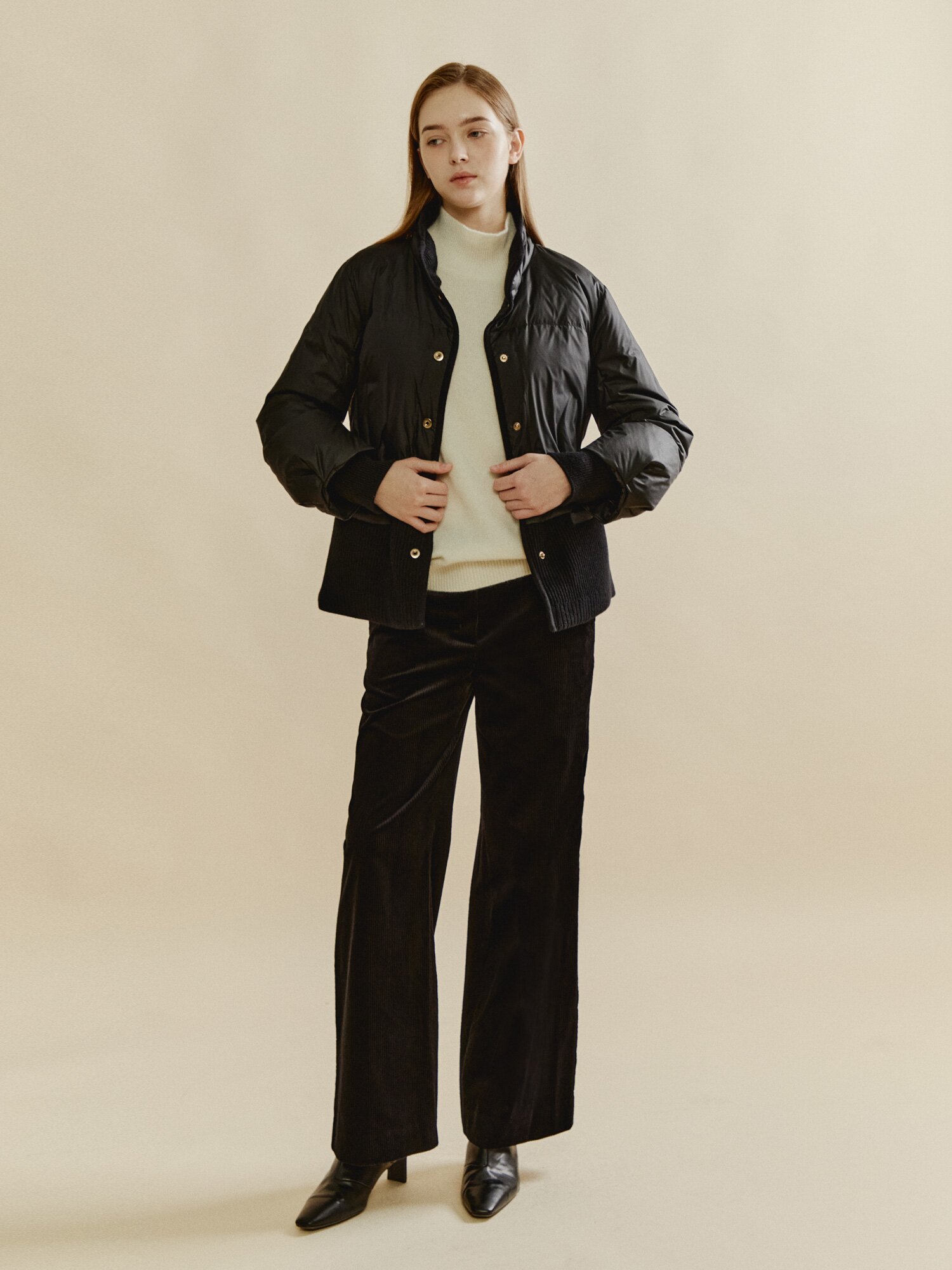 밴드넥 니트패치 구스 다운 패딩 (BLACK)