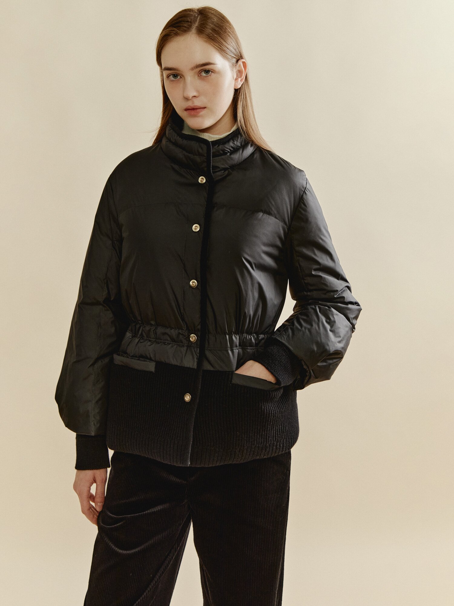 밴드넥 니트패치 구스 다운 패딩 (BLACK)