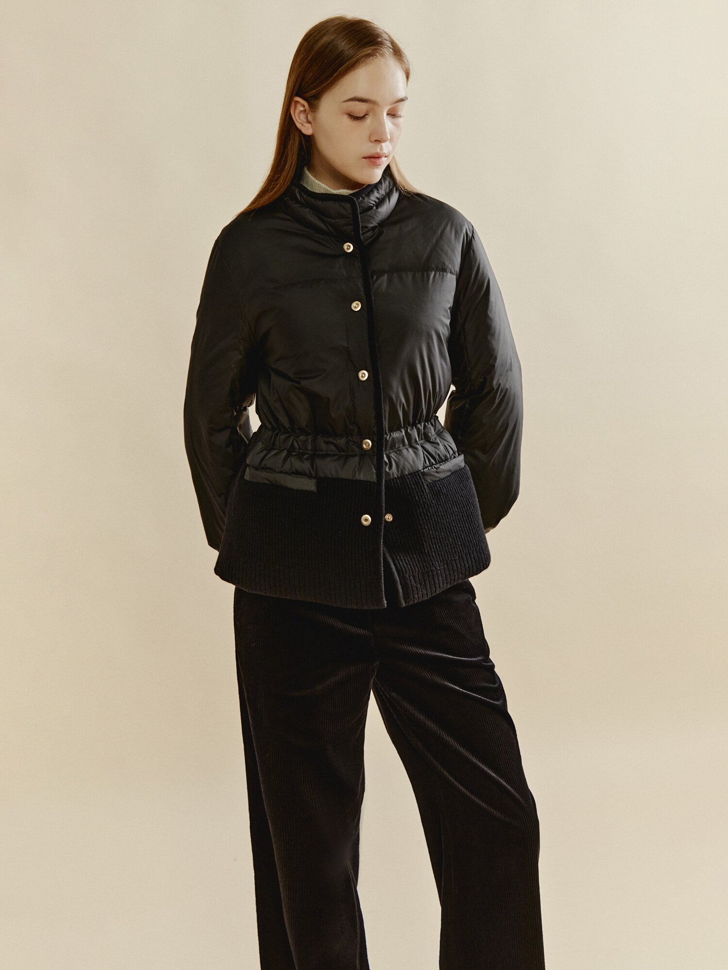 밴드넥 니트패치 구스 다운 패딩 (BLACK)