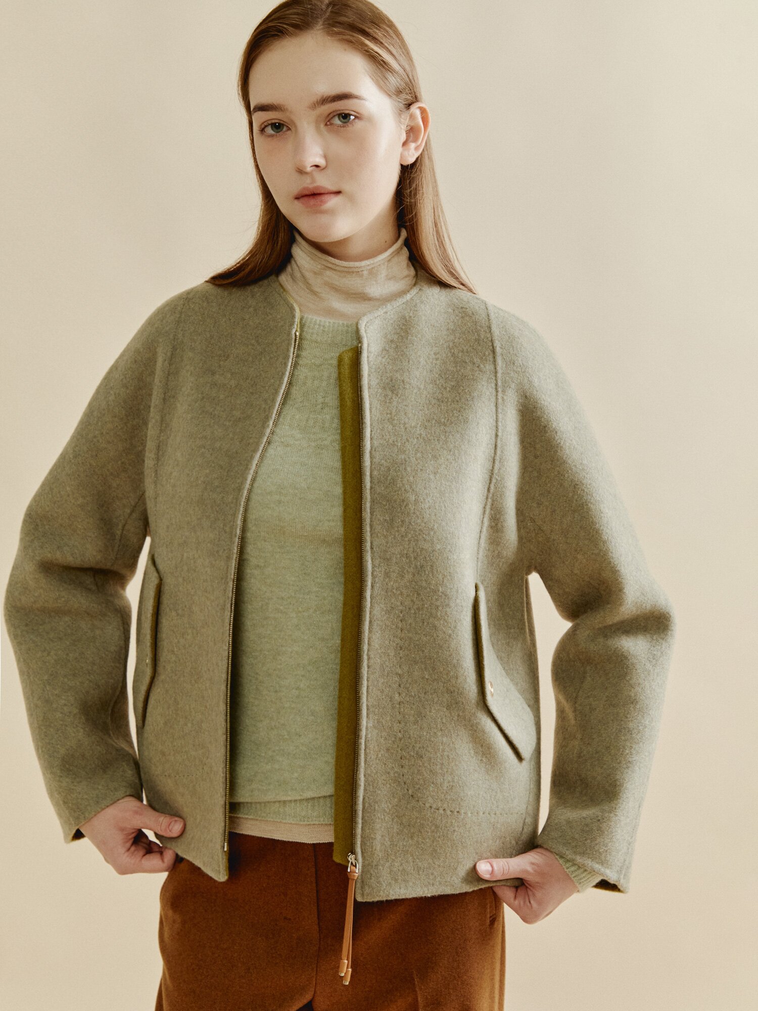 울 캐시미어 집업 코트 (MELANGE GREY)