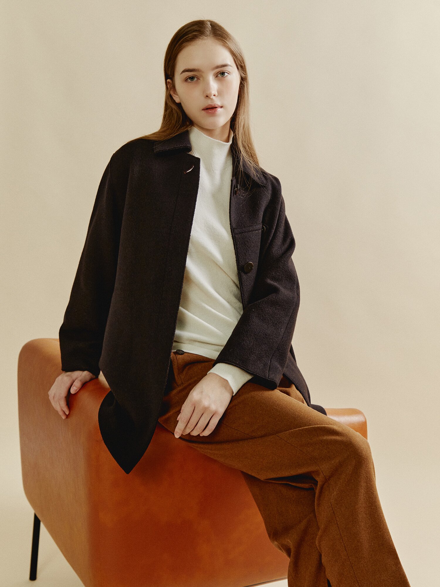 울 캐시미어 혼방 체크 코트 (DARK BROWN)