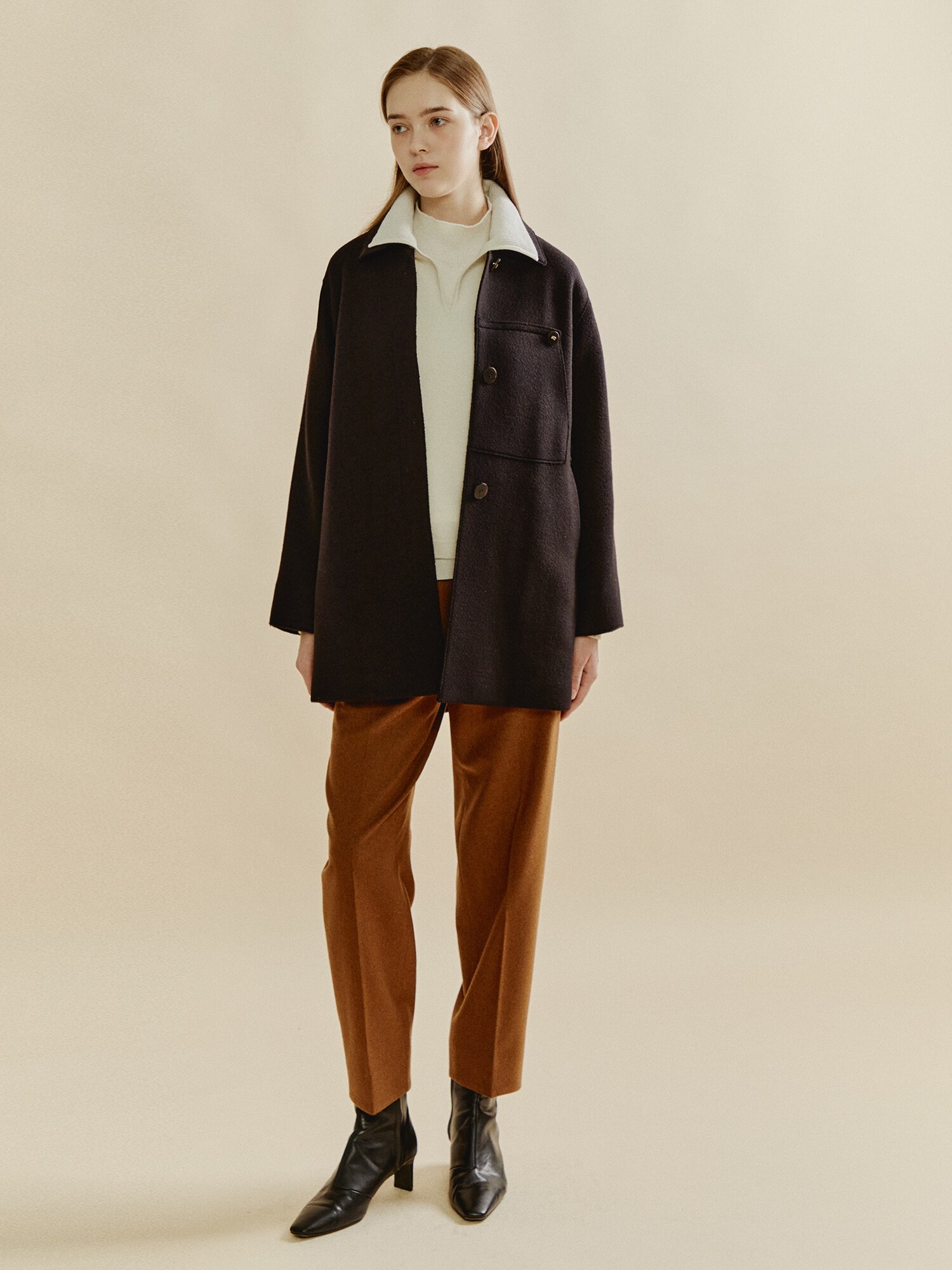 울 캐시미어 혼방 체크 코트 (DARK BROWN)