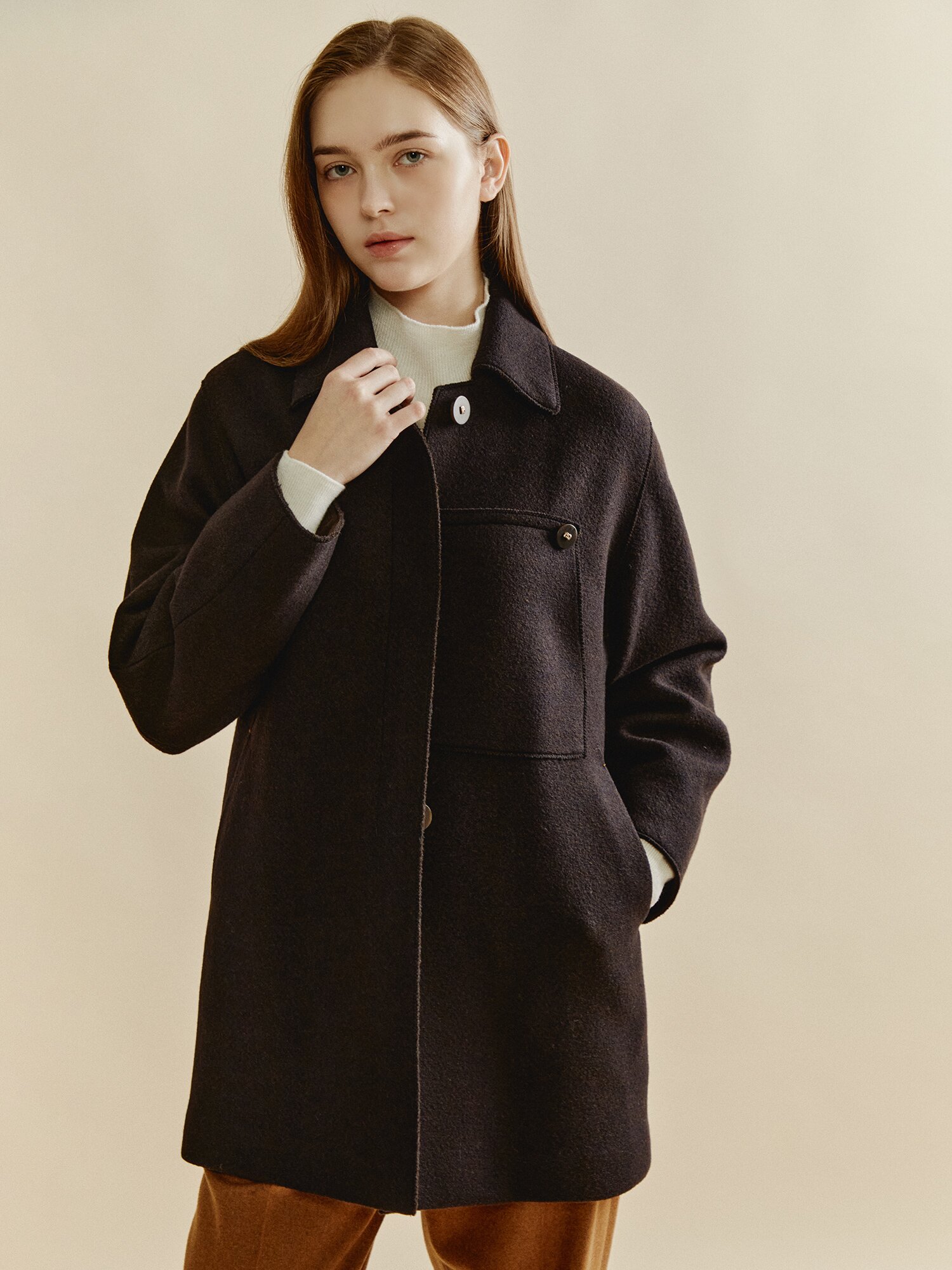 울 캐시미어 혼방 체크 코트 (DARK BROWN)