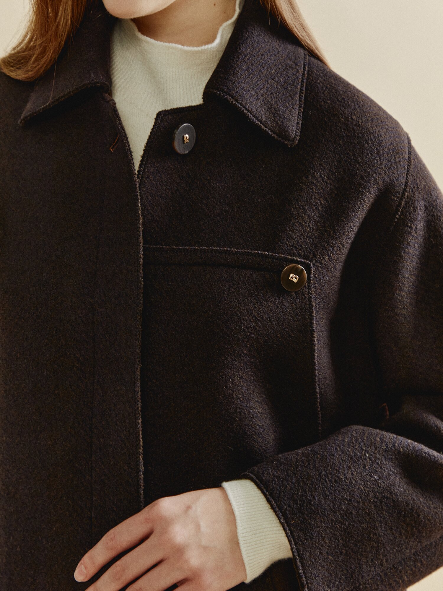 울 캐시미어 혼방 체크 코트 (DARK BROWN)