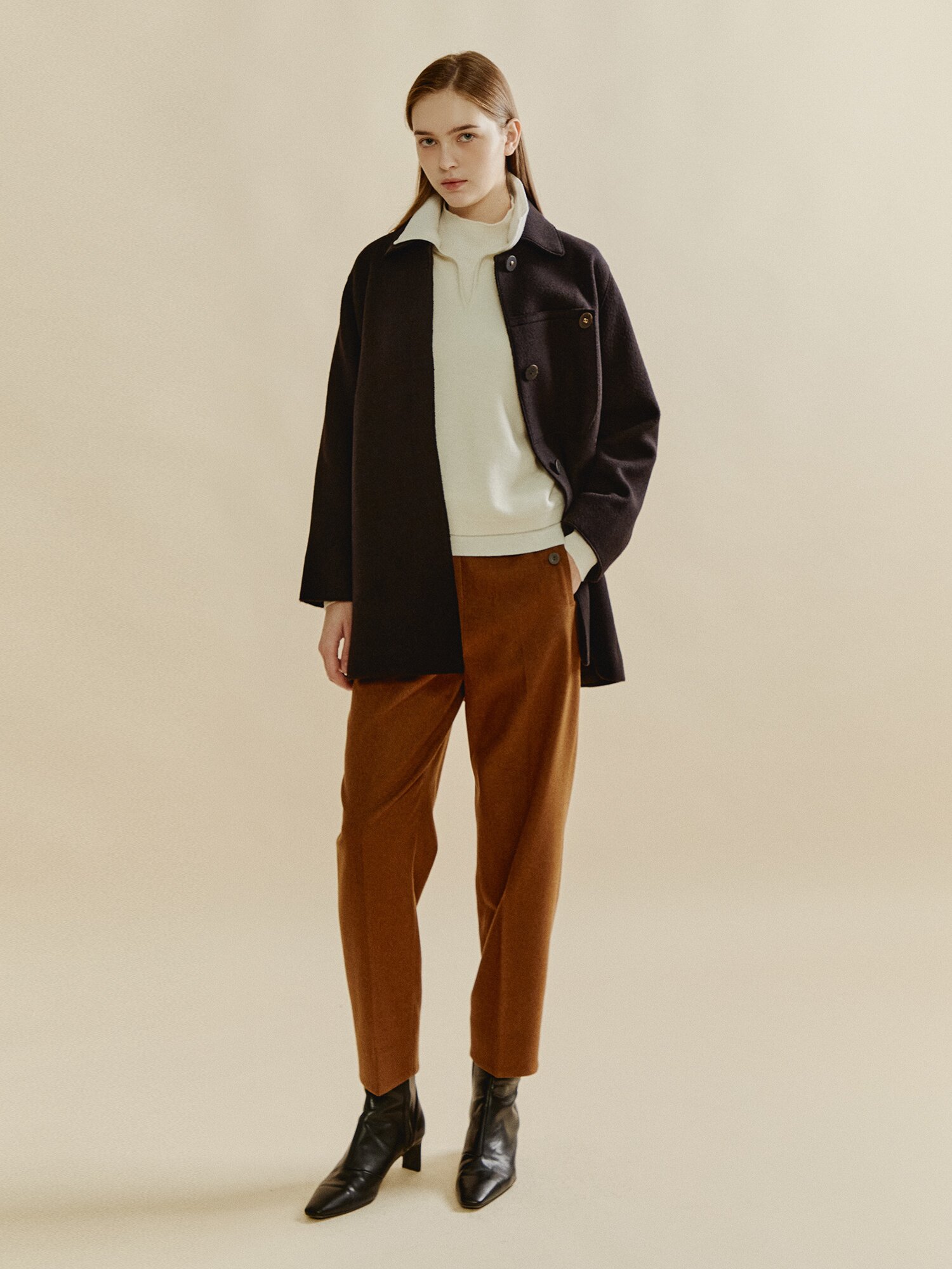 울 캐시미어 혼방 체크 코트 (DARK BROWN)