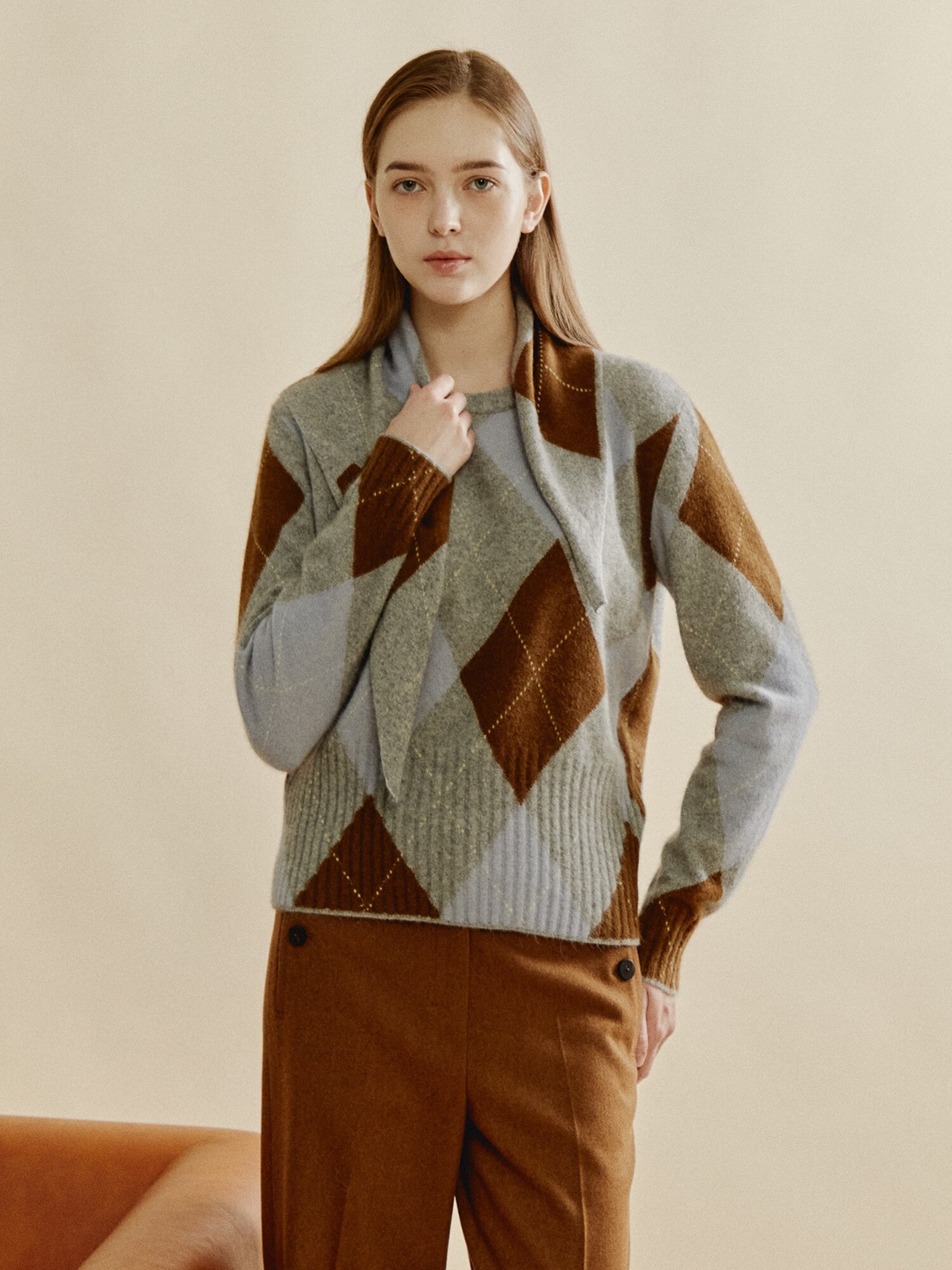 클래식 아가일 스카프 세트 니트 (LIGHT GREY)