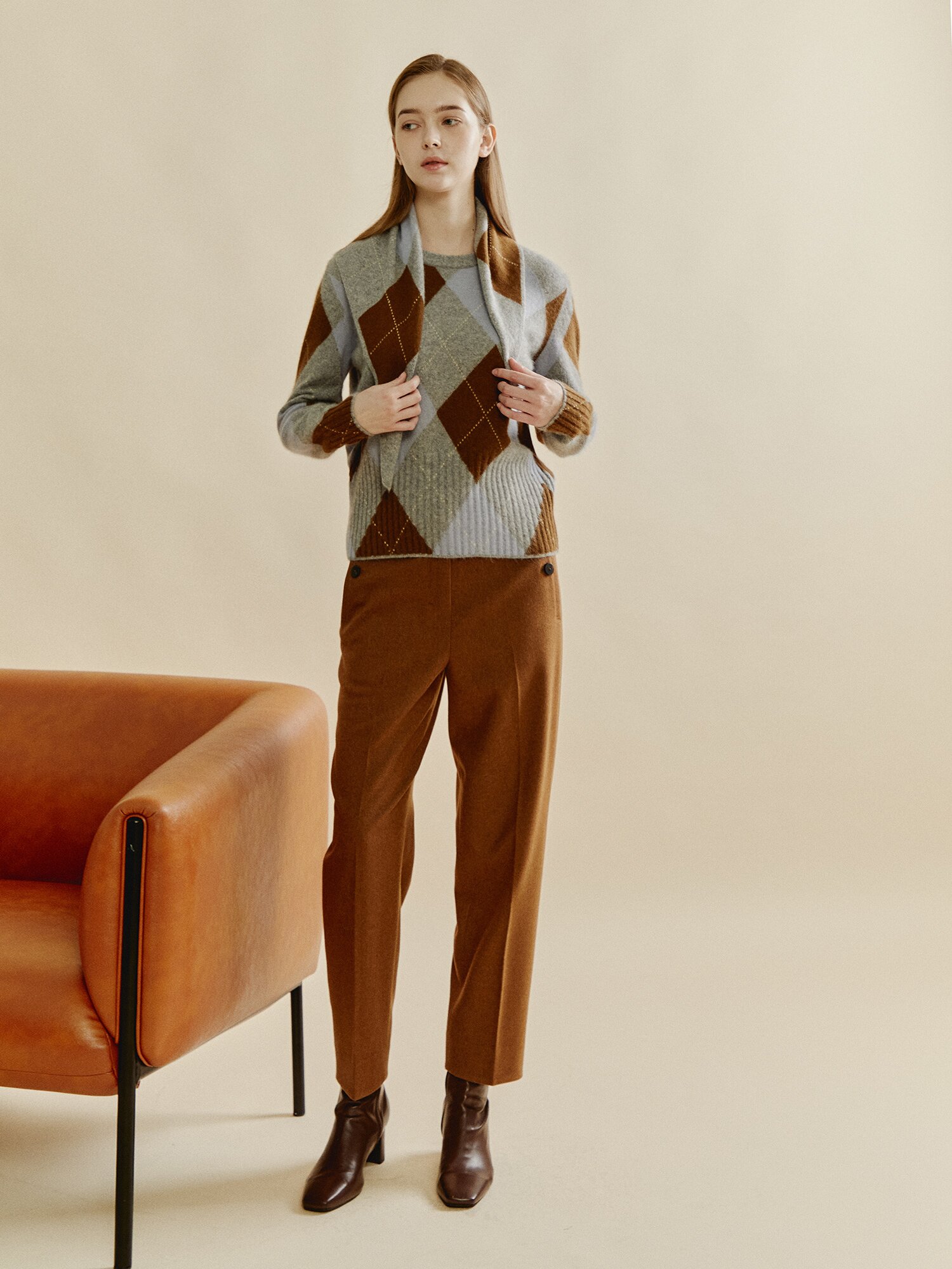 클래식 아가일 스카프 세트 니트 (LIGHT GREY)