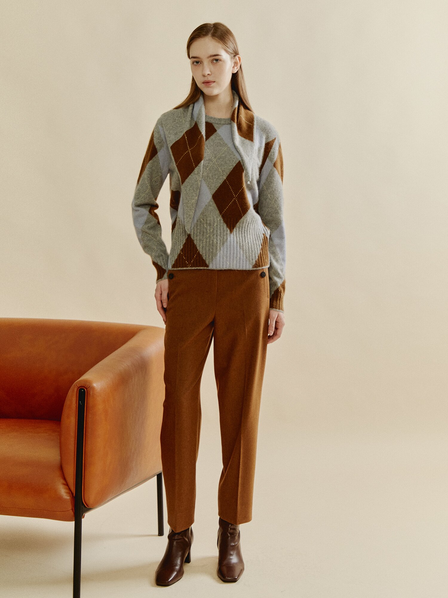 클래식 아가일 스카프 세트 니트 (LIGHT GREY)