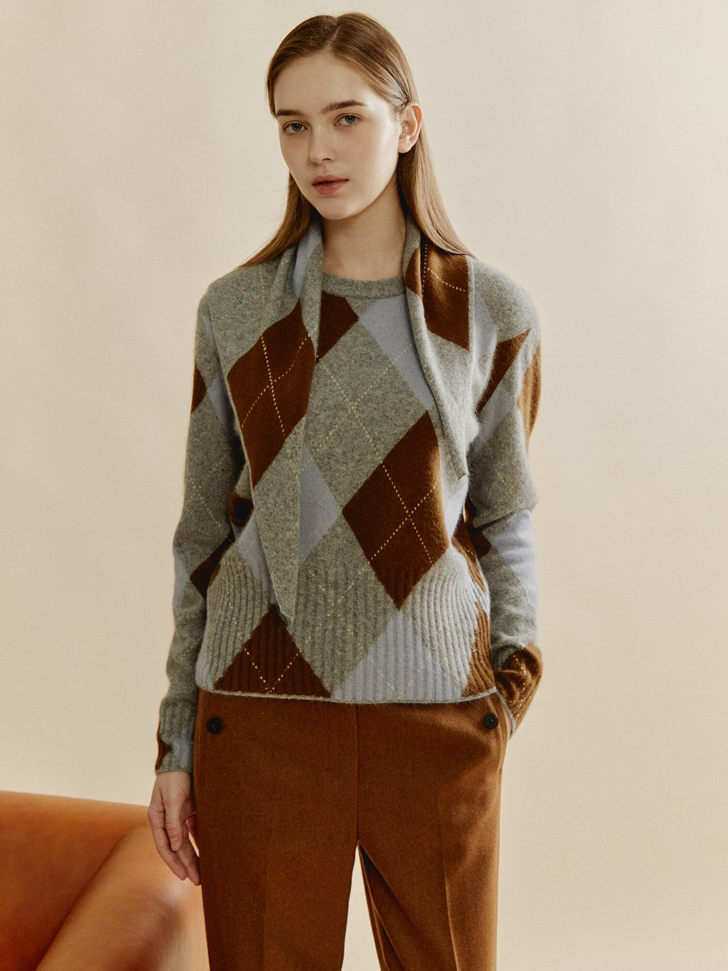 클래식 아가일 스카프 세트 니트 (LIGHT GREY)