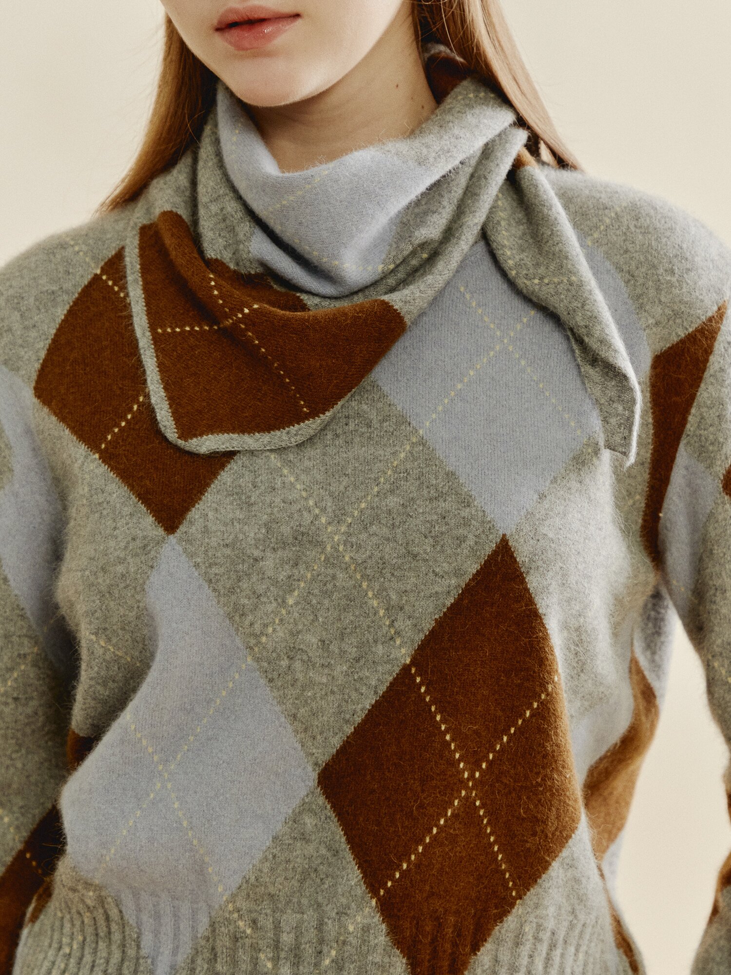 클래식 아가일 스카프 세트 니트 (LIGHT GREY)