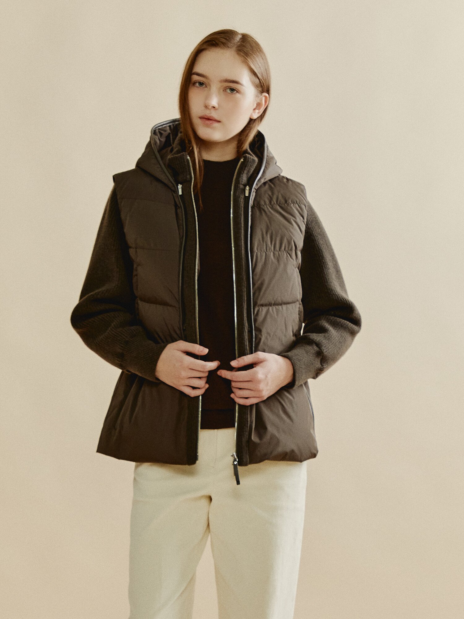 니트 패치 구스 다운 패딩 (BROWN)