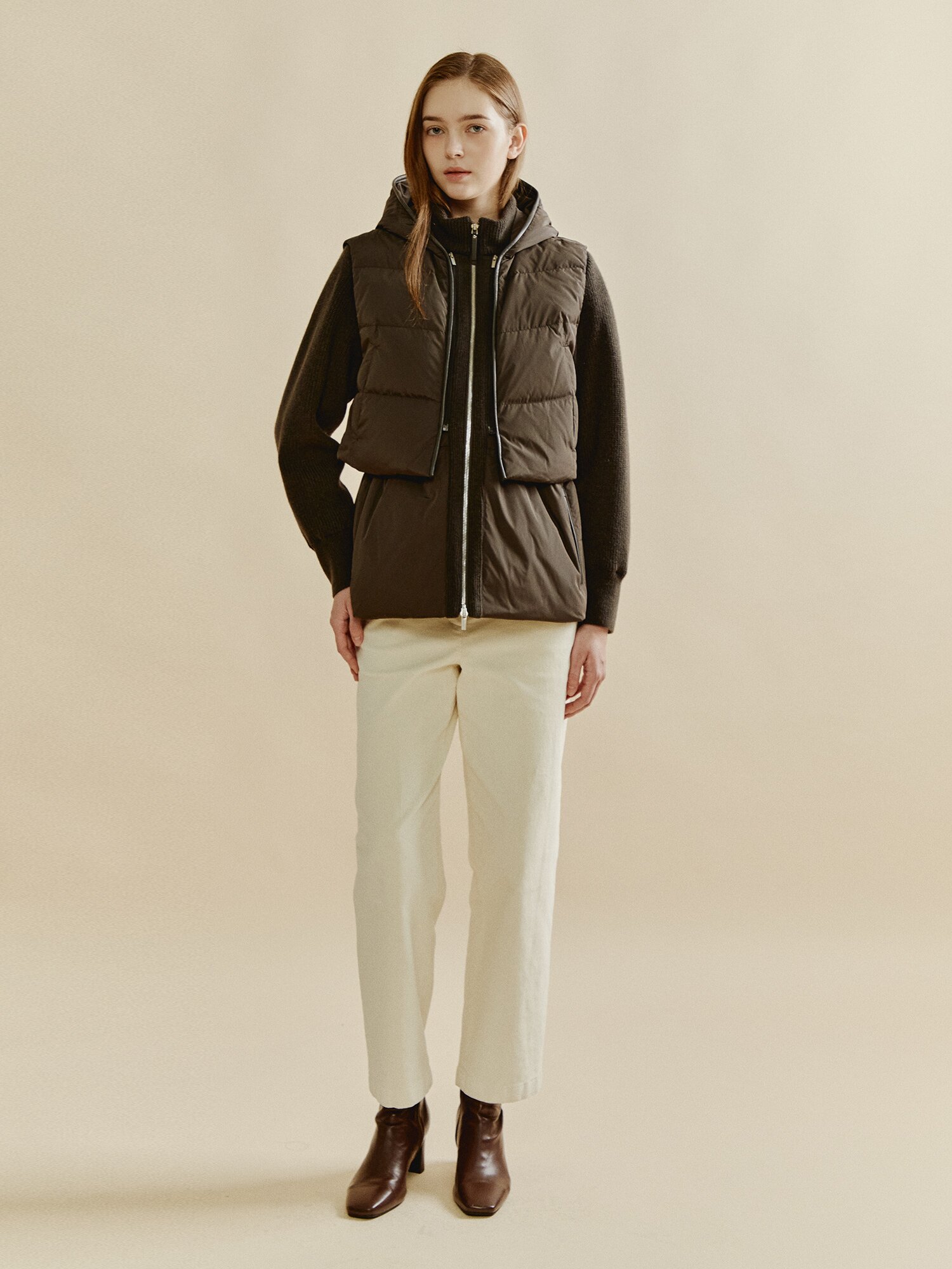 니트 패치 구스 다운 패딩 (BROWN)